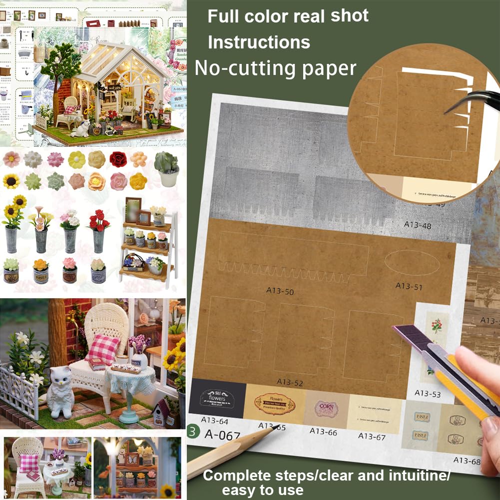 Puppenhaus Kit Gewächshaus, DIY Miniaturraum mit LED-Licht, Holz Modellbausatz für Erwachsene, Blumenhaus, Geschenke für Freunde