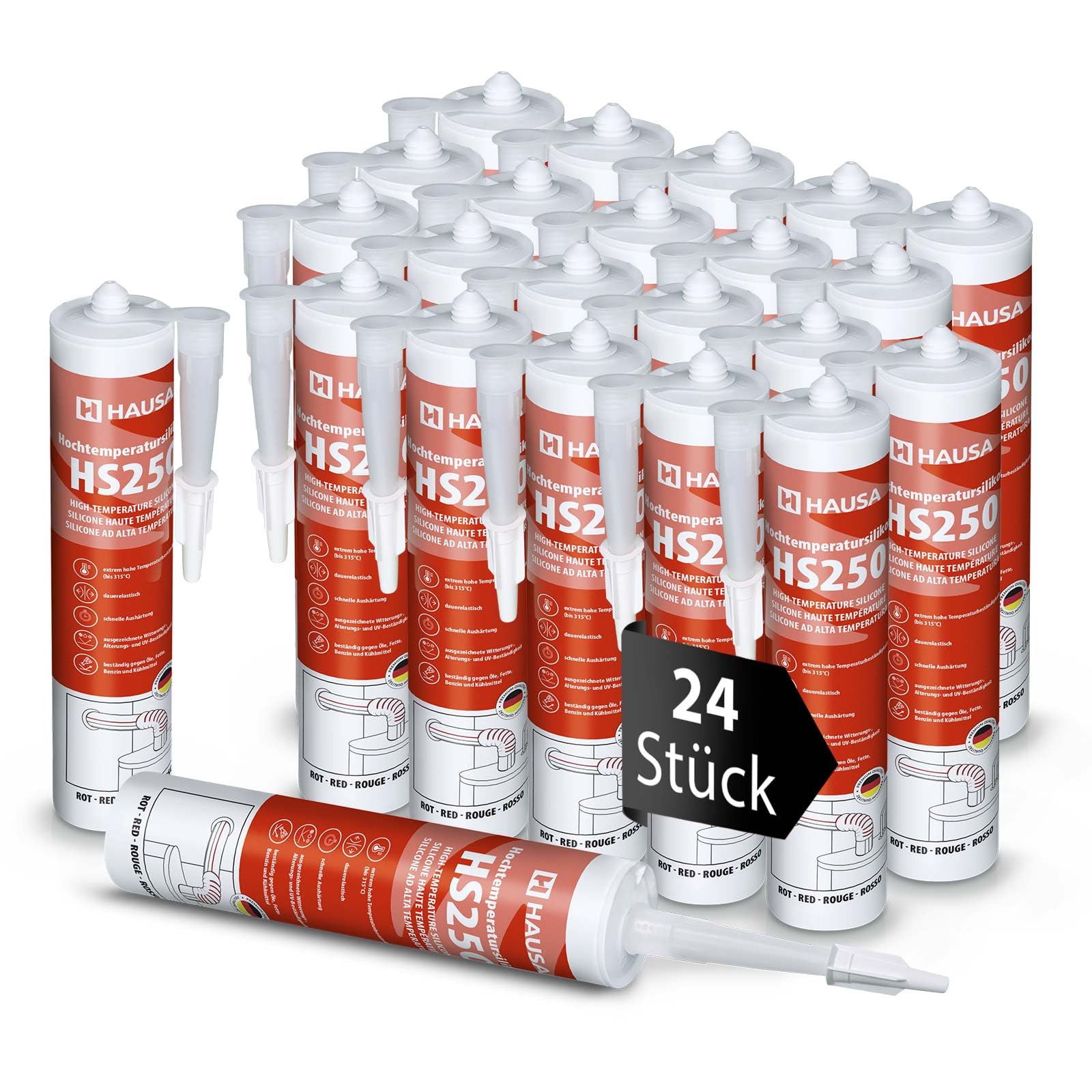 Hausa HS250 Profi Hochtemperatur Silikon rot 24 x 300ml Kartuschen Dichtmasse +315°C Dichtstoff zum Kleben Abdichten von Öfen Kochfeldern Motoren dauerelastisch Öl-, Benzin- & Hitzebeständig