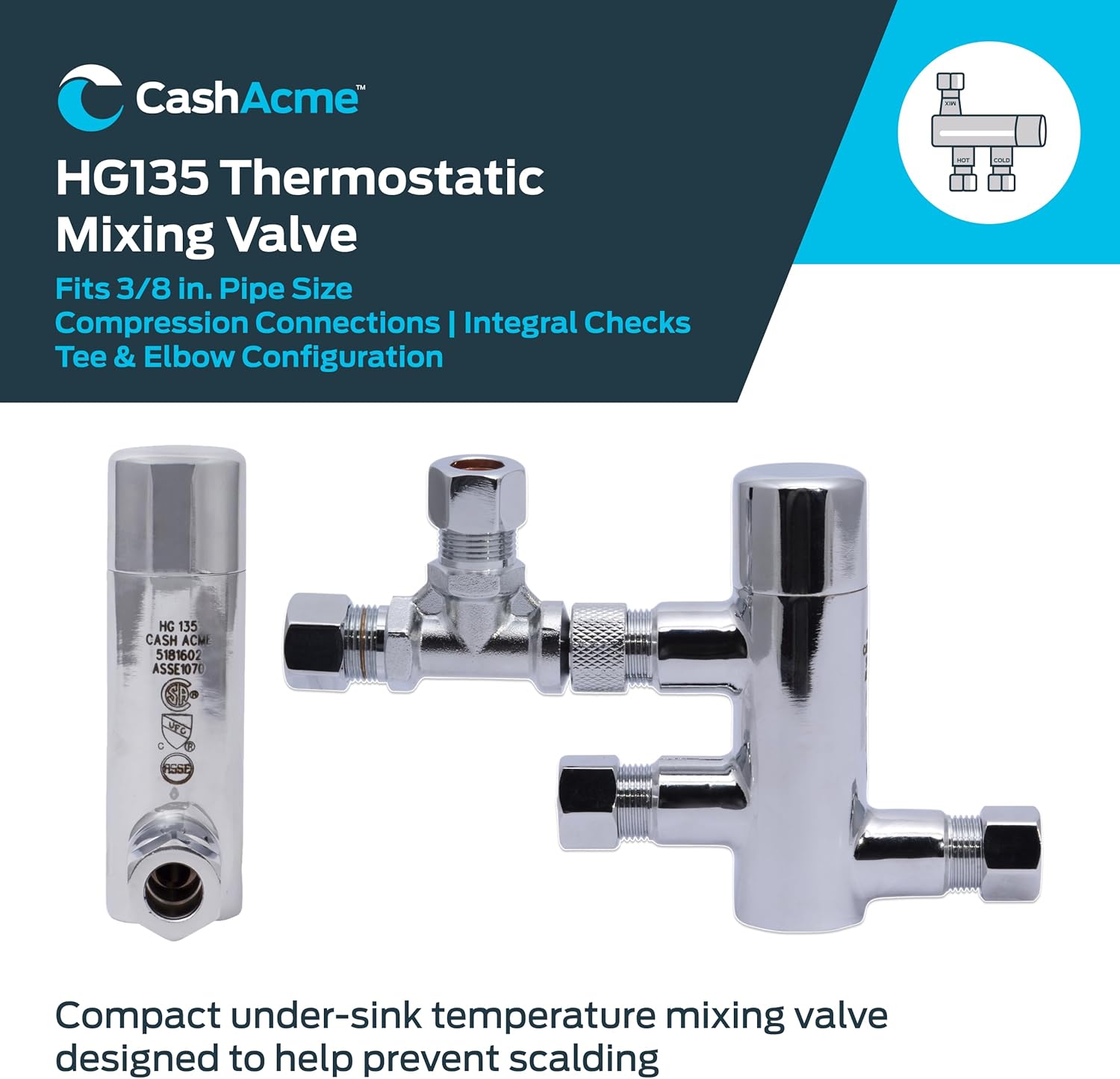 Cash Acme 3/8 Inch HG135 Thermostatic Mixing Valve with Compression Connections, Tee, and Integral Checks, Brass Plumbing Fitting, 25687