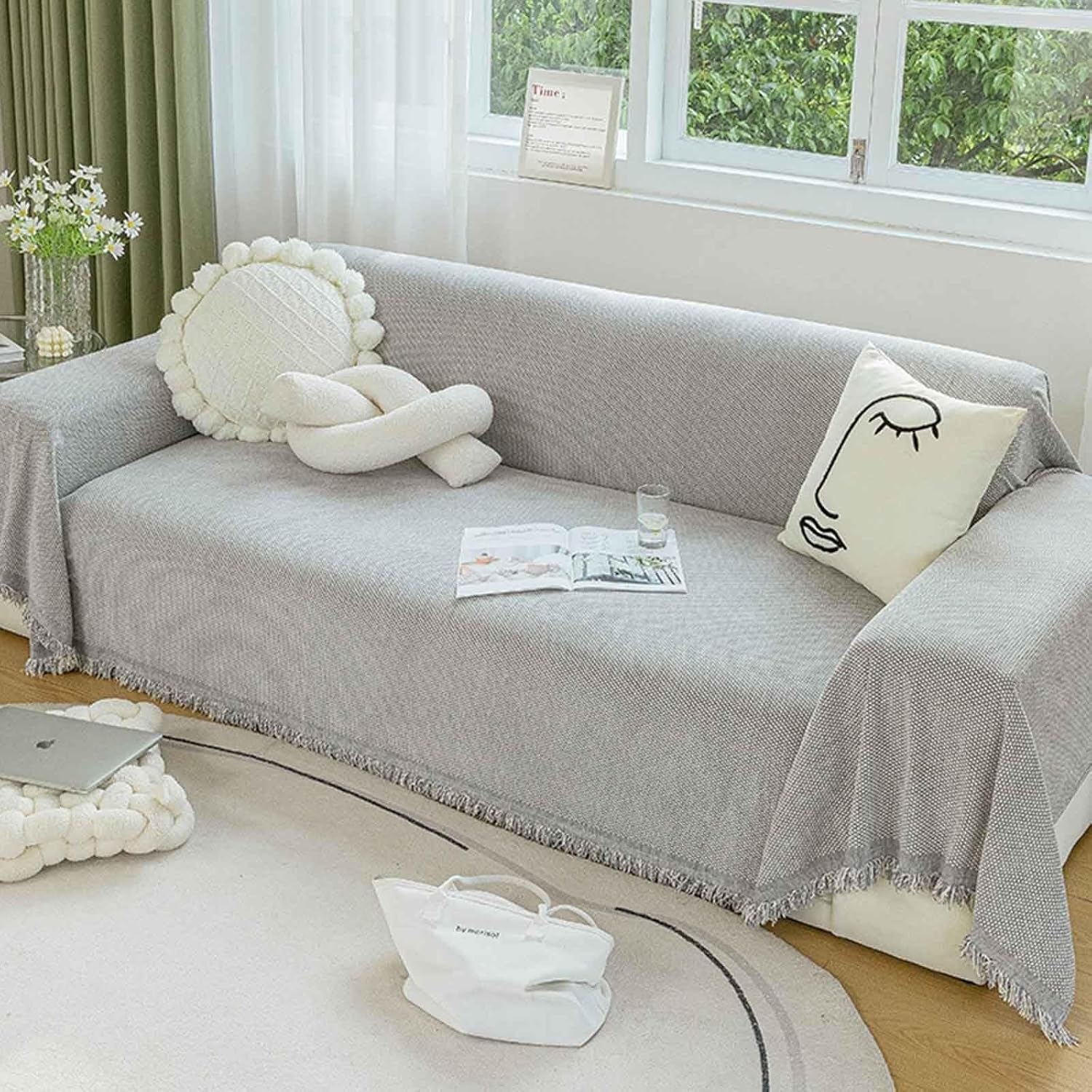 Konsilsa Large Cotton Sofa Throws Couch Cover with Decorative Fringe - Ideal for 2/3/4 Seater Sofa Couch Chair and Bed, All Season Fit(#1,180x130cm)