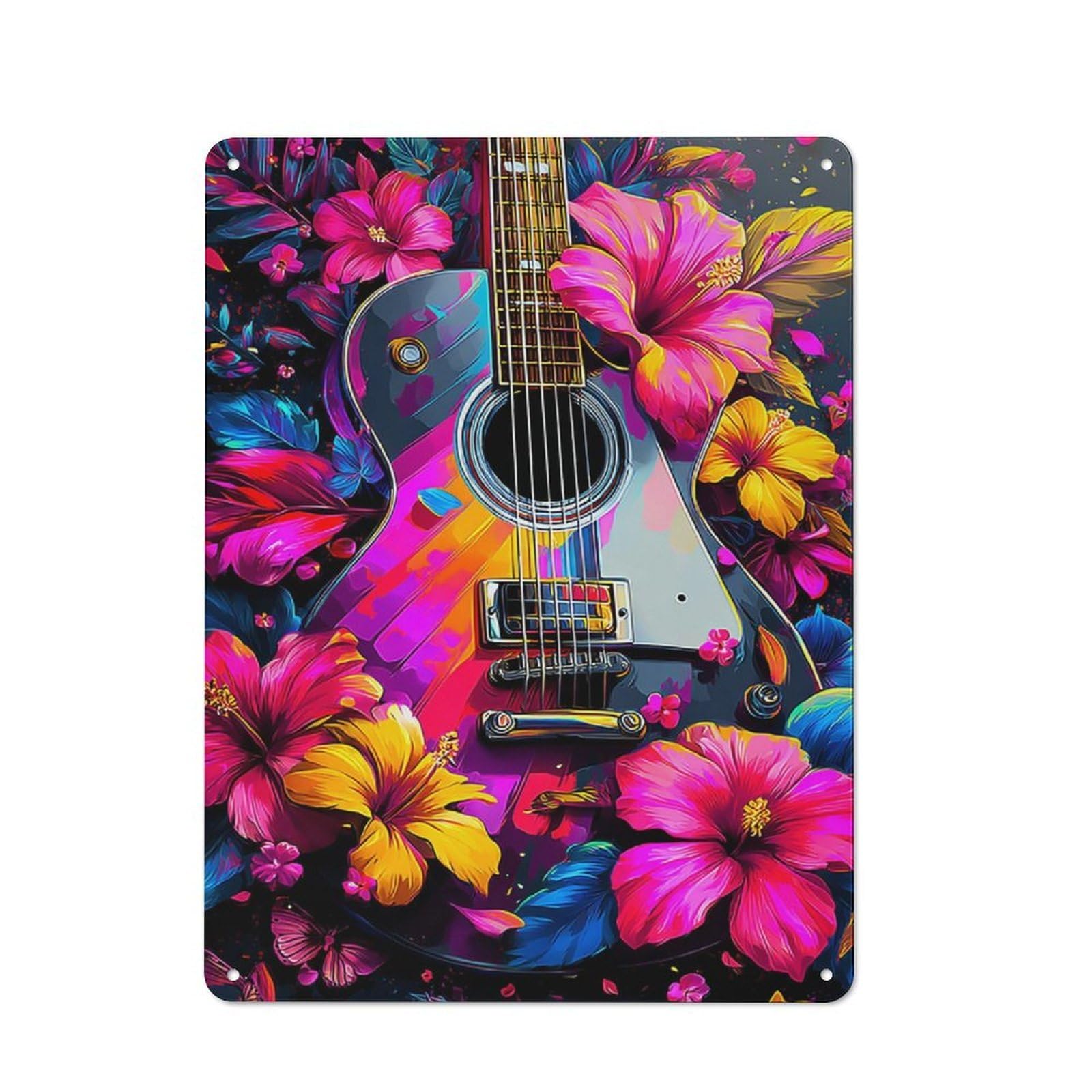 Junmoney Colorful Floral Guitar Artwork Tin Wall Plaque 40X30cm With For Kitchen Or Home Bar, Suited To Kitchen Decor Lovers