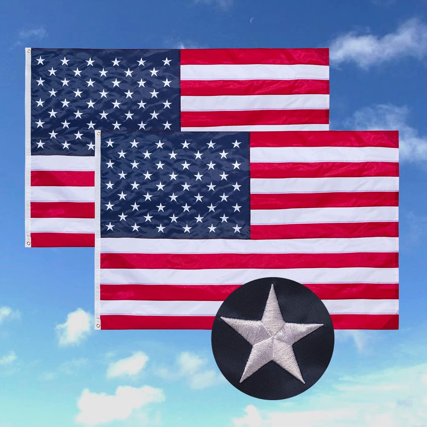 American flags for outside 3x5 (2 Pack),2 PCS 3x5 American flag outdoor Heavy Duty,Durable Nylon Reinforced USA Flag with Embroidered Stars, Sewn Stripes, Brass Grommets,All Weather United States Flag
