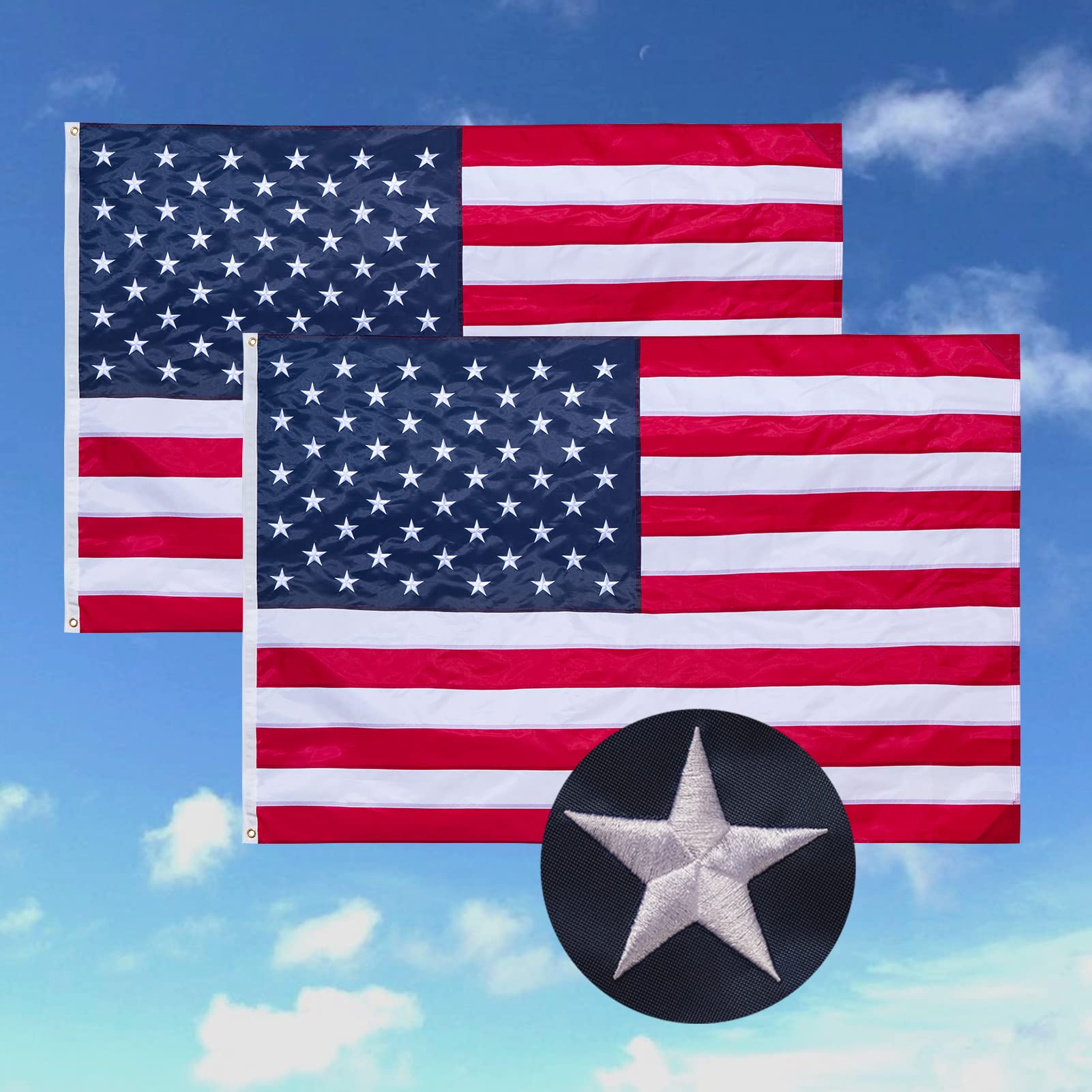 American flags for outside 3x5 (2 Pack),2 PCS 3x5 American flag outdoor Heavy Duty,Durable Nylon Reinforced USA Flag with Embroidered Stars, Sewn Stripes, Brass Grommets,All Weather United States Flag