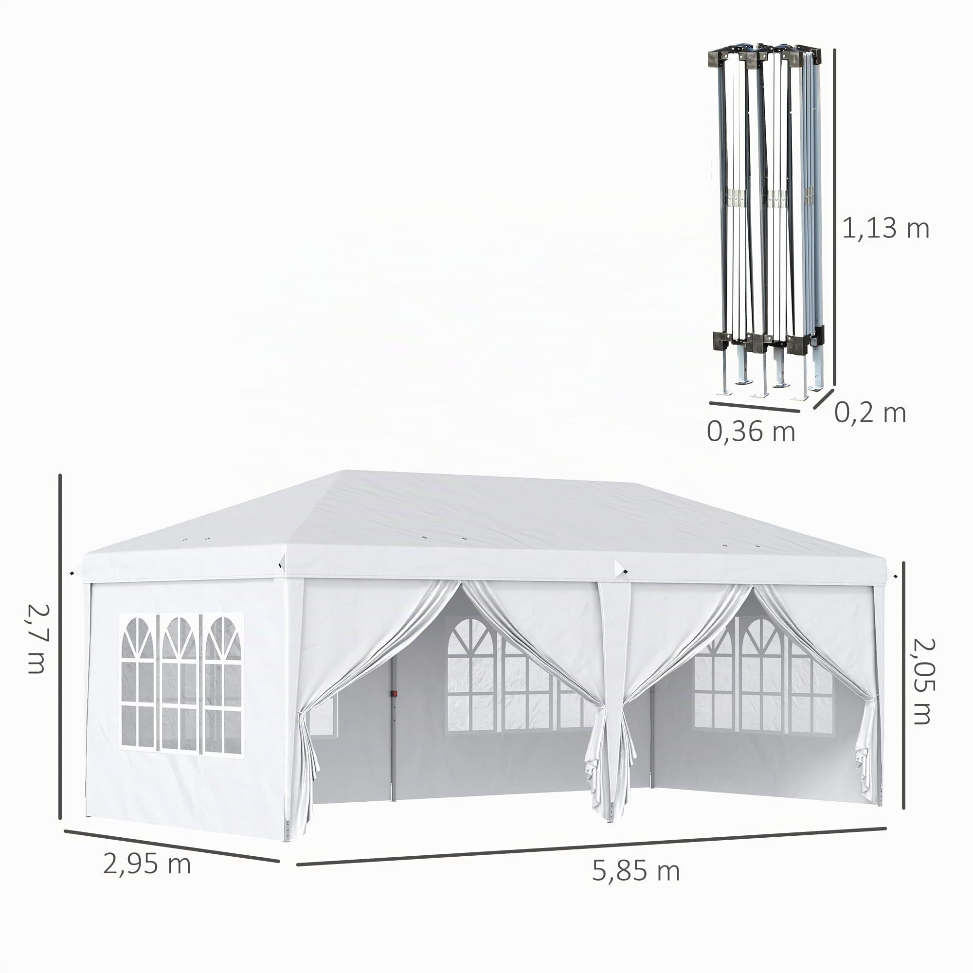 Outsunny Carpa Plegable 6x3x2,7 m con 4 Paneles 4 Ventanas 1 Bolsa Blanco | Cenador de Jardín, Gazebo Plegable, 2 Puertas con Cremallera, Anti-UV Impermeable, para Exterior Terraza Patio Playa