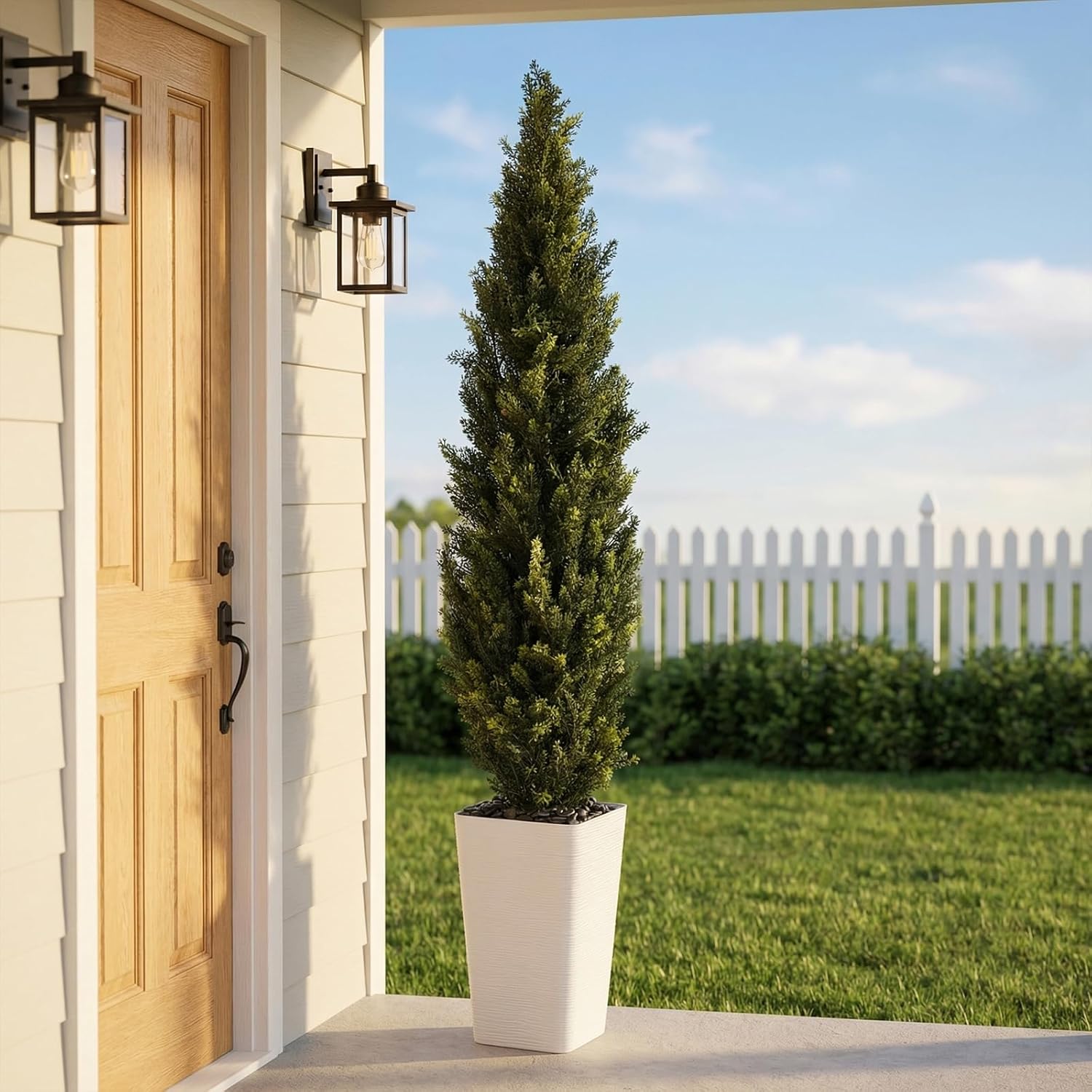 Artificial Cedar Topiary Tree - 5FT Tall Fake Plants with White Tall Planter, Artificial Plants Indoor Floor Plant in Pot, Realistic Faux Tree for Home Office Living Room Decor