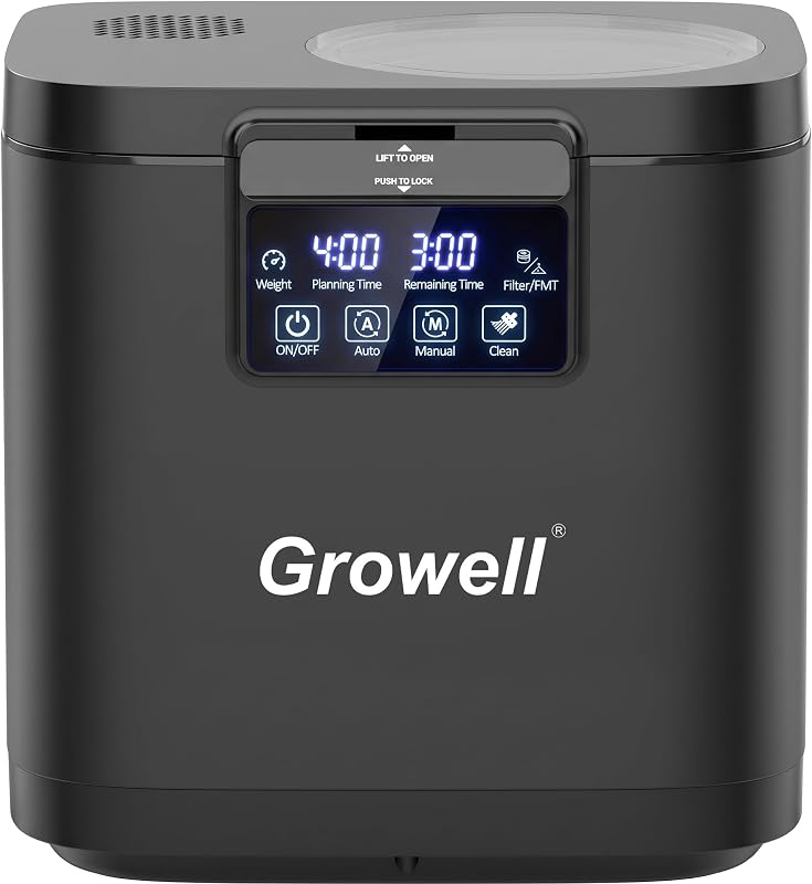 Growell 4L Electric Composter for Kitchen, Countertop, Indoor Compost Bin | 2 Carbon Filter, Auto-Clean, 30K-Hr Brushless Motor, <40dB, LED Touch Panel, Visible Window, Handle Bone, Food Waste Recycler