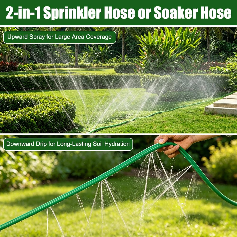 2 PCS Tubo Irrigazione Forato, Tubo Irrigatore 15 m Piatto Tubo Irrigazione a Goccia, Tubo Irrigazione Estensibile con 20 Picchetti da Terra, Manichetta per Irrigazione Prati Aiuole Piante