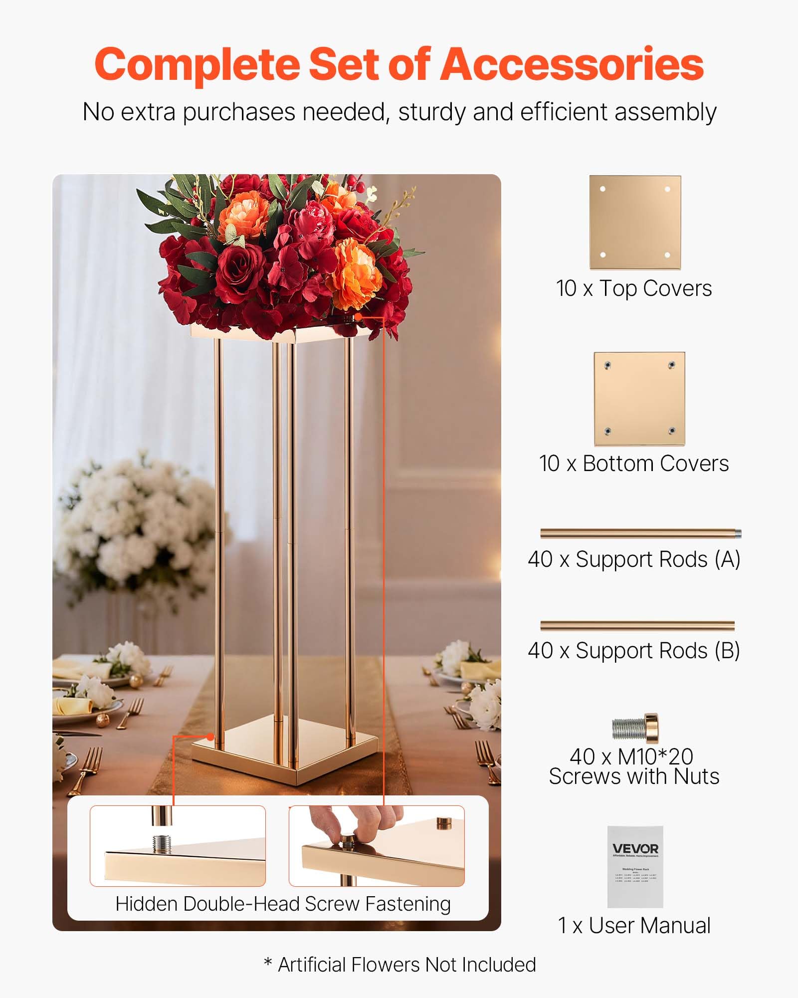 VEVOR Support Fleur Mariage Colonne Lot de 10 Support Fleur Centre Table Mariage 80 cm Présentoir Floral pour Fêtes, Anniversaires, Décoration Intérieure, avec Pieds Cylindre Panneau Métallique, Doré