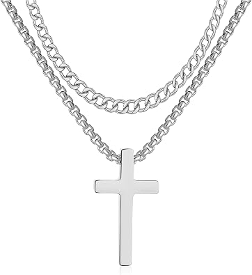 RWQIAN Cross Necklace For Men,Mens Cross Necklaces Silver Big Stainless Steel Layered Cuban Link Cross Chain For Men |22 Inch,Simple Religious Christian Cross Pendant Jewelry for Boys Gifts
