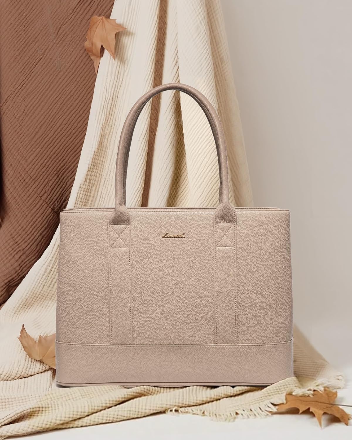 LOVEVOOK Laptop Bag for Women, 15.6 inch Computer Work Tote Bag, Waterproof Leather Shoulder Bag, Large Capacity Business Handbag, Office Briefcase for Gift, Travel, Teacher, Nude - Image 3