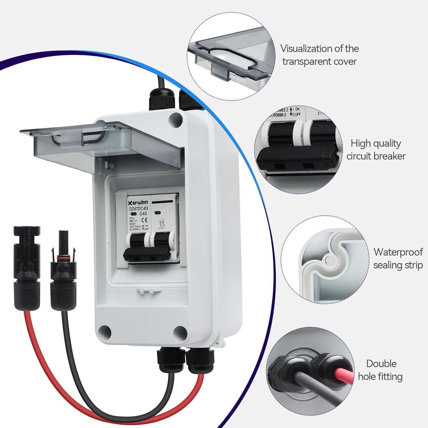 Solar Panel Disconnect Switch,40A 400V Miniature Circuit Breaker Box IP65 Waterproof AC/DC Disconnect Box for photovoltaic Solar Panel Grid-Connected Off-Grid System Home