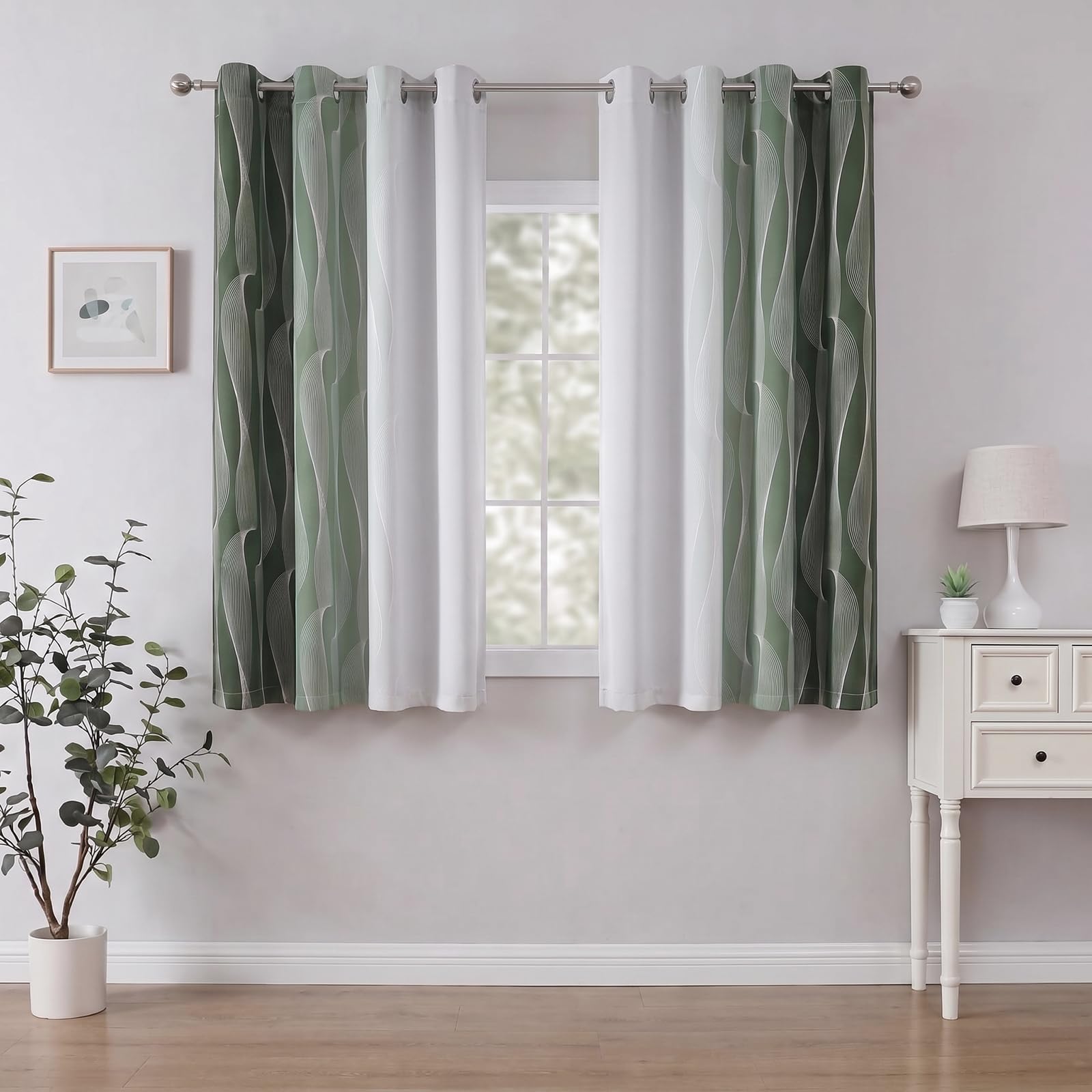 Gazal Vole Ombre Room Darkening Curtains – Modern Gradient Eyelet Drapes with Wave Line Pattern, 54 Inch Drop, 80-90% Darken Light for Living Room & Office (Green+White)-W 52x L 54 inch — image 1