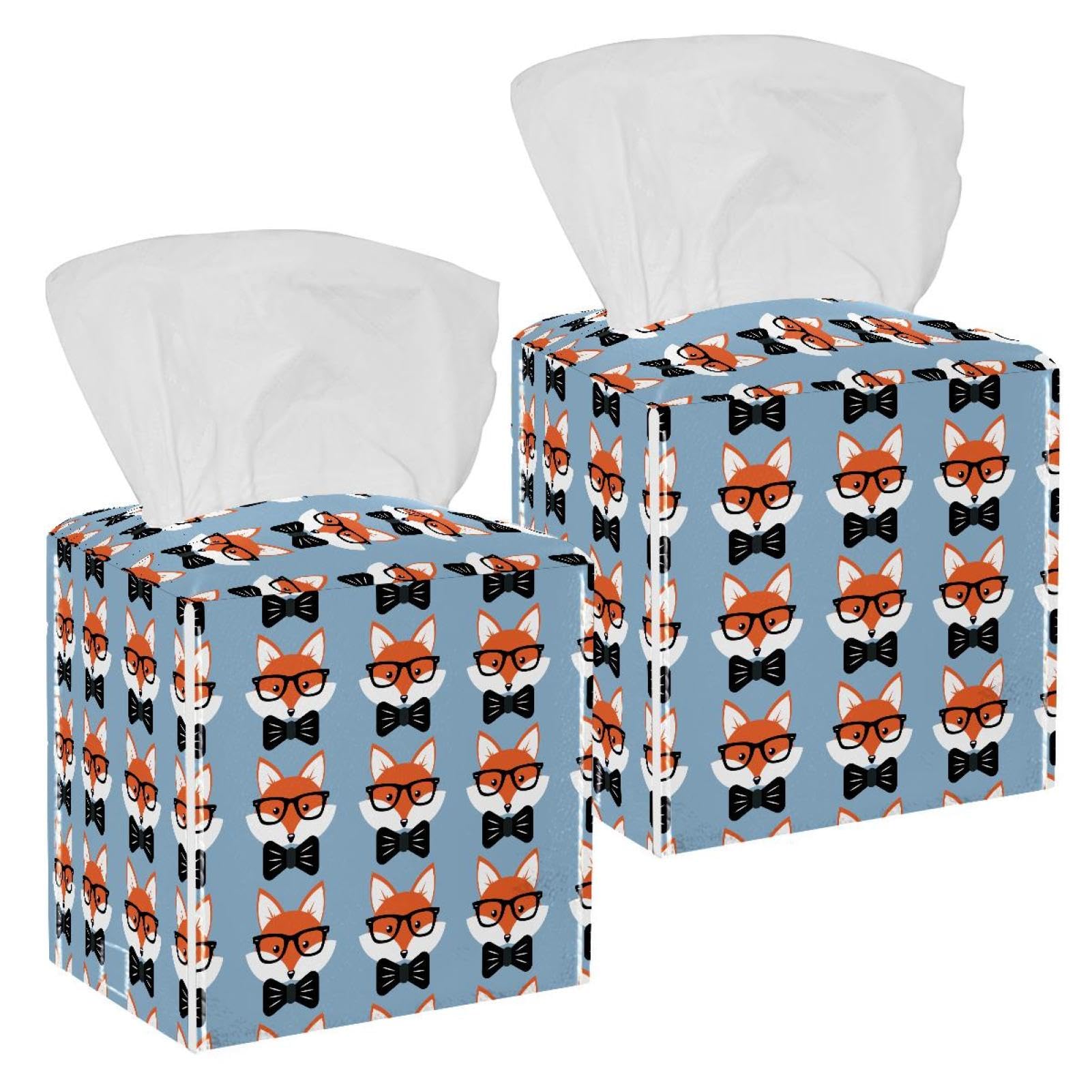 Cartoon Foxes Tissue Box Cover, 2 Pack PU Leather Square Facial Tissue Dispenser Box holder for Home Office Car
