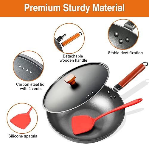 Miniatura 7 de Wok sartén con tapa, wok antiadherente de 13 pulgadas con espátula de silicona, woks y sartenes para freír y woks de acero al carbono, wok chino sin