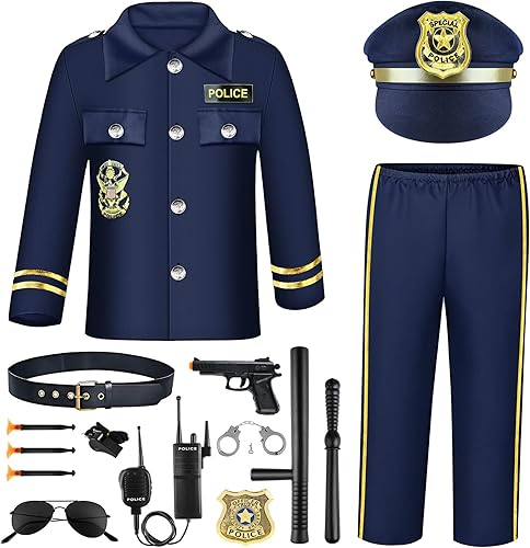 PLULON Disfraz de oficial de policía para niños, disfraz de policía, uniforme de juego de rol, con accesorios de disfraz de policía, 11 piezas