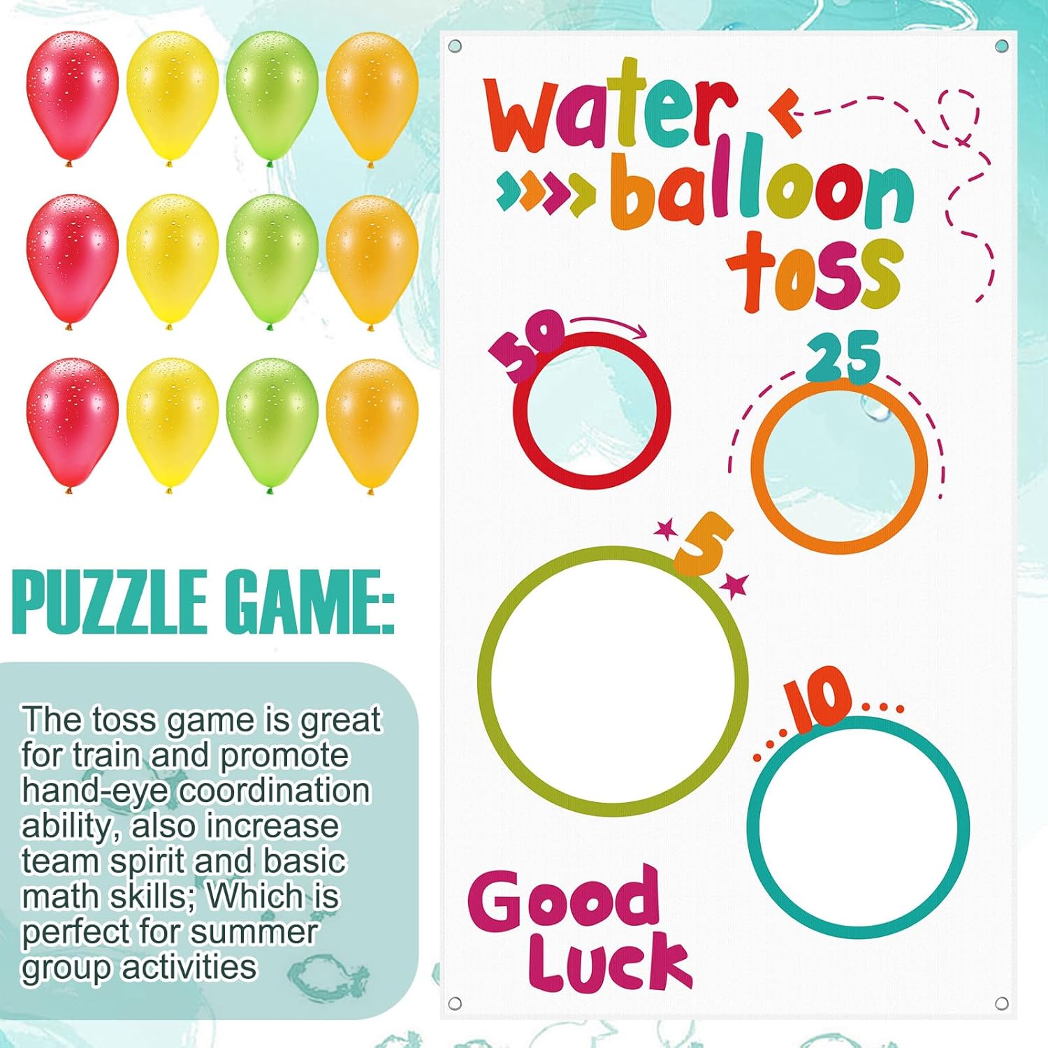 Mindsoft Water Toss Balloon Activity Set Include Toss Activity Banner, 50 Balloons, 2 Hose Nozzle Outdoor Shooter Target 4 Score Holes Water Ball Splashing Banner Swimming Pool Set for Summer Supplies