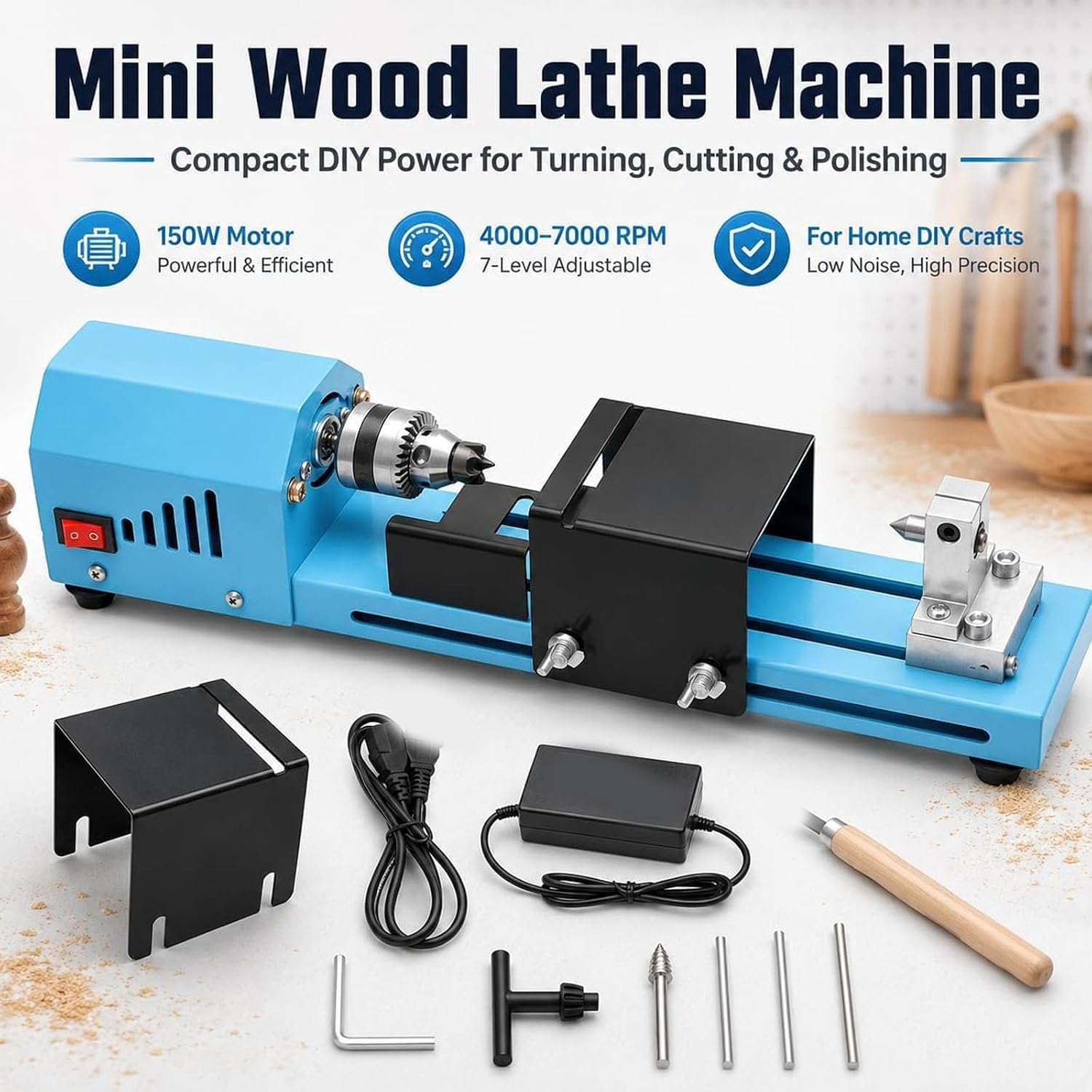 Mini torno para madera, torno de bricolaje de 150 W con control ajustable de 7 velocidades y juego de brocas.