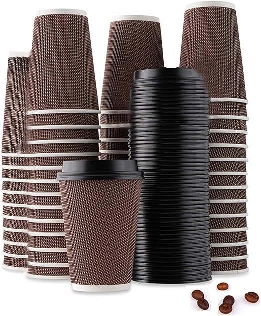 25 Pcs 8 Oz Ripple Paper Cups With Lids ? Double Wall Reusable Insulated Hot Cups, Chocolate Brown Knit Texture, Leak-Resistant Coffee Cups with Lids, Disposable for Tea & Coffee (240 ML, Made in UAE)