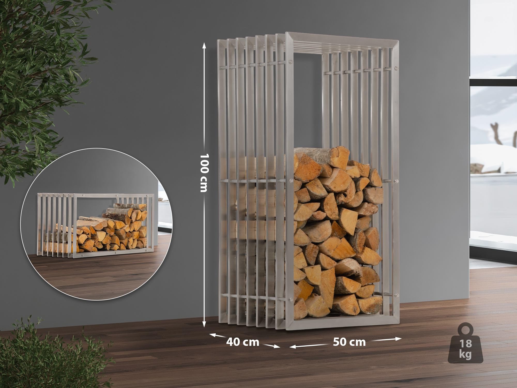 CLP Leñero De Interior Irving De Acero Inoxidable I Estantería De Almacenamiento De Madera I Soporte Abierto para Leña, Tamaño:40x50x100 cm