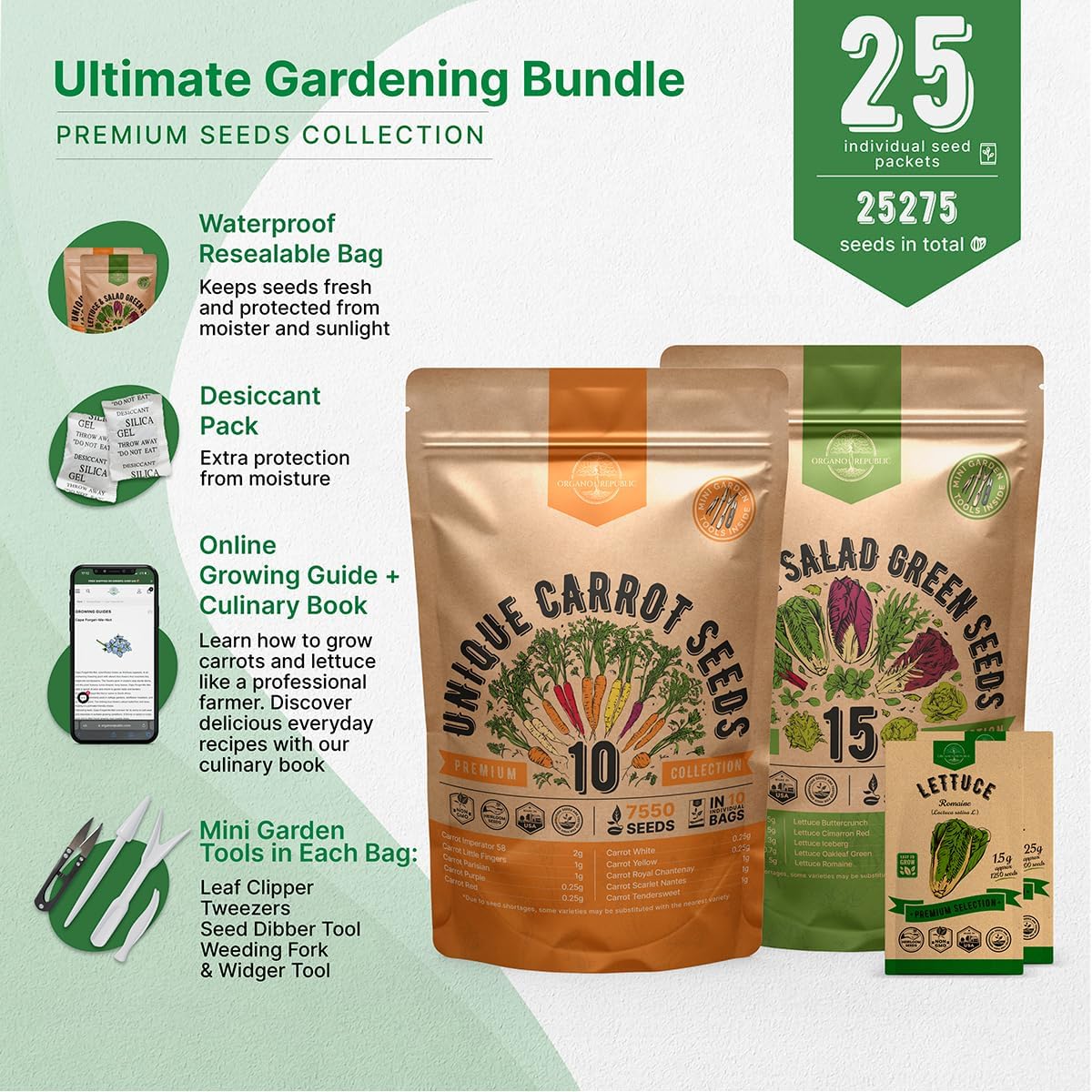 10 Carrot & 15 Lettuce Seeds Variety Pack Bundle, 25,325+ Non-GMO Heirloom Garden Seeds for Planting Carrots and Leafy Greens for Indoor & Outdoor Gardening