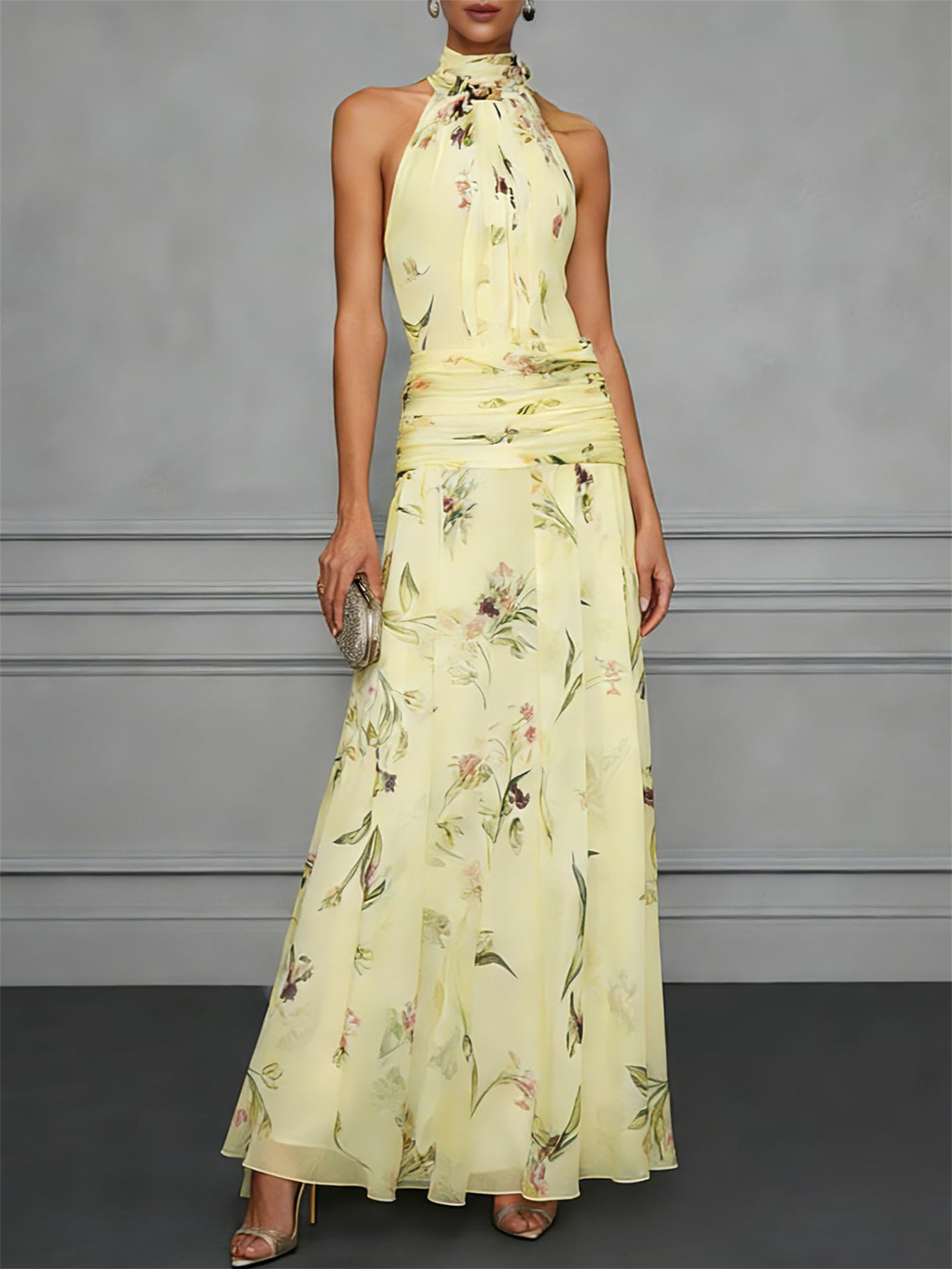Abito Lungo da Donna in Chiffon Floreale con Scollo all'Americana, Senza Maniche, a Vita Alta, con Cintura, Linea ad A Pieghe, Aderente, Ideale per Vacanze, Matrimoni e Occasioni Speciali.