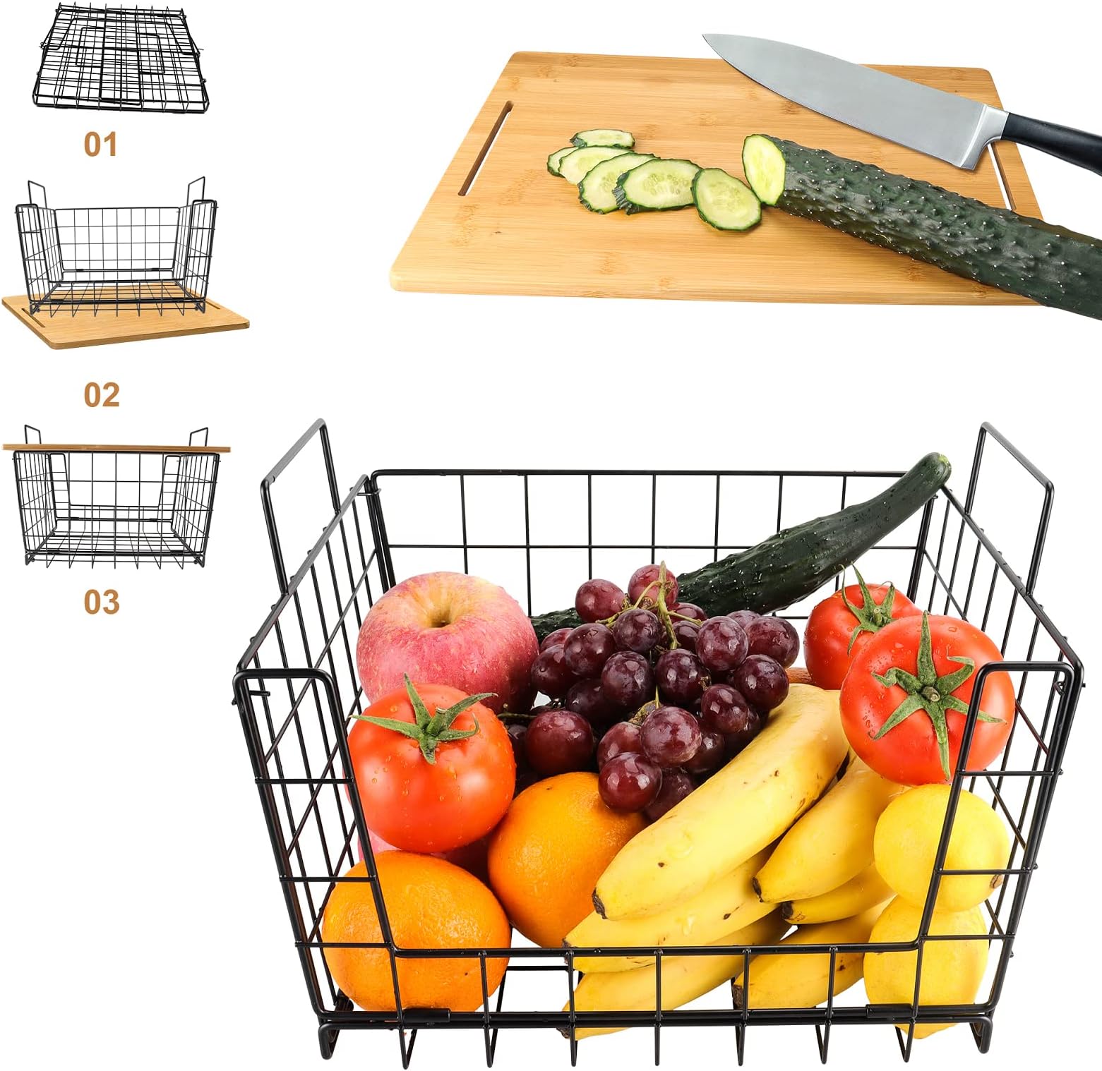 TOBEFORT Metal Wire Fruit Vegetable Basket for Home Kitchen Storage, Office and Bathroom Shelves, With Handle and Cutting Boards, Black