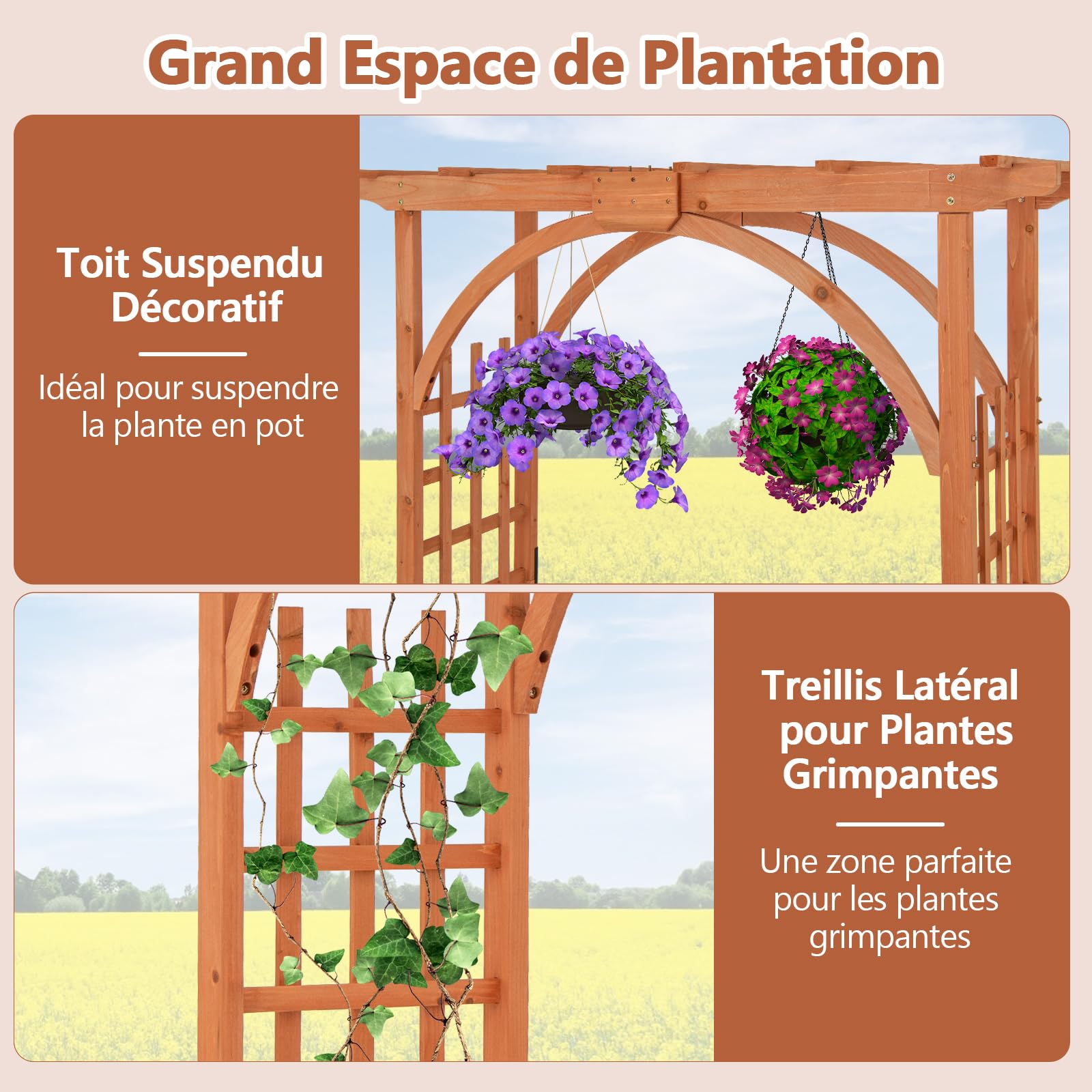 RELAX4LIFE 2,2M Arche de Jardin en Bois avec Treillis pour Plantes Grimpantes & Rosiers & Vignes, Pergola d'escalade pour Décoration Pelouse Arrière-Cour, 160 x 60 x 217cm (160x60x213 cm)