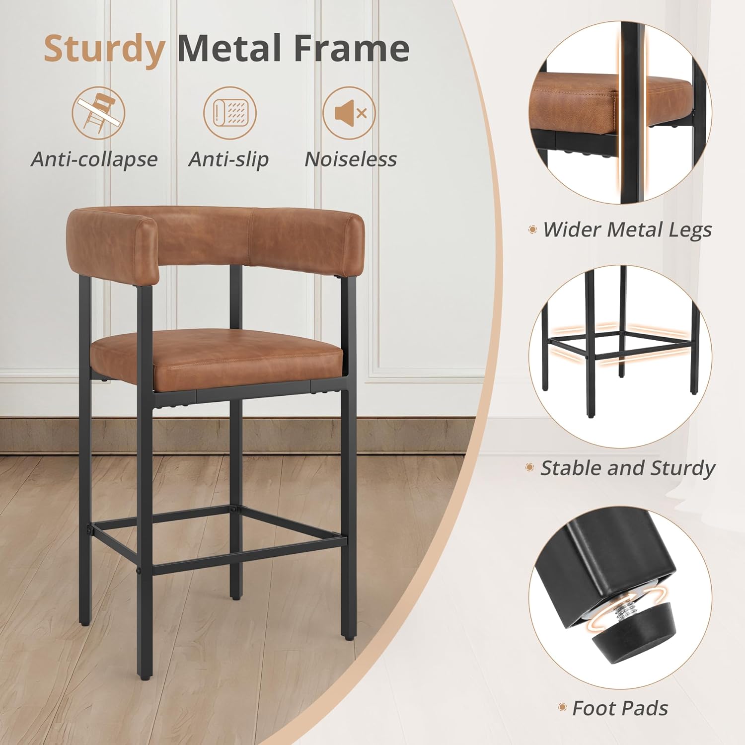 Set of 3 Brown Faux Leather Counter Height Bar Stools with Metal Frame