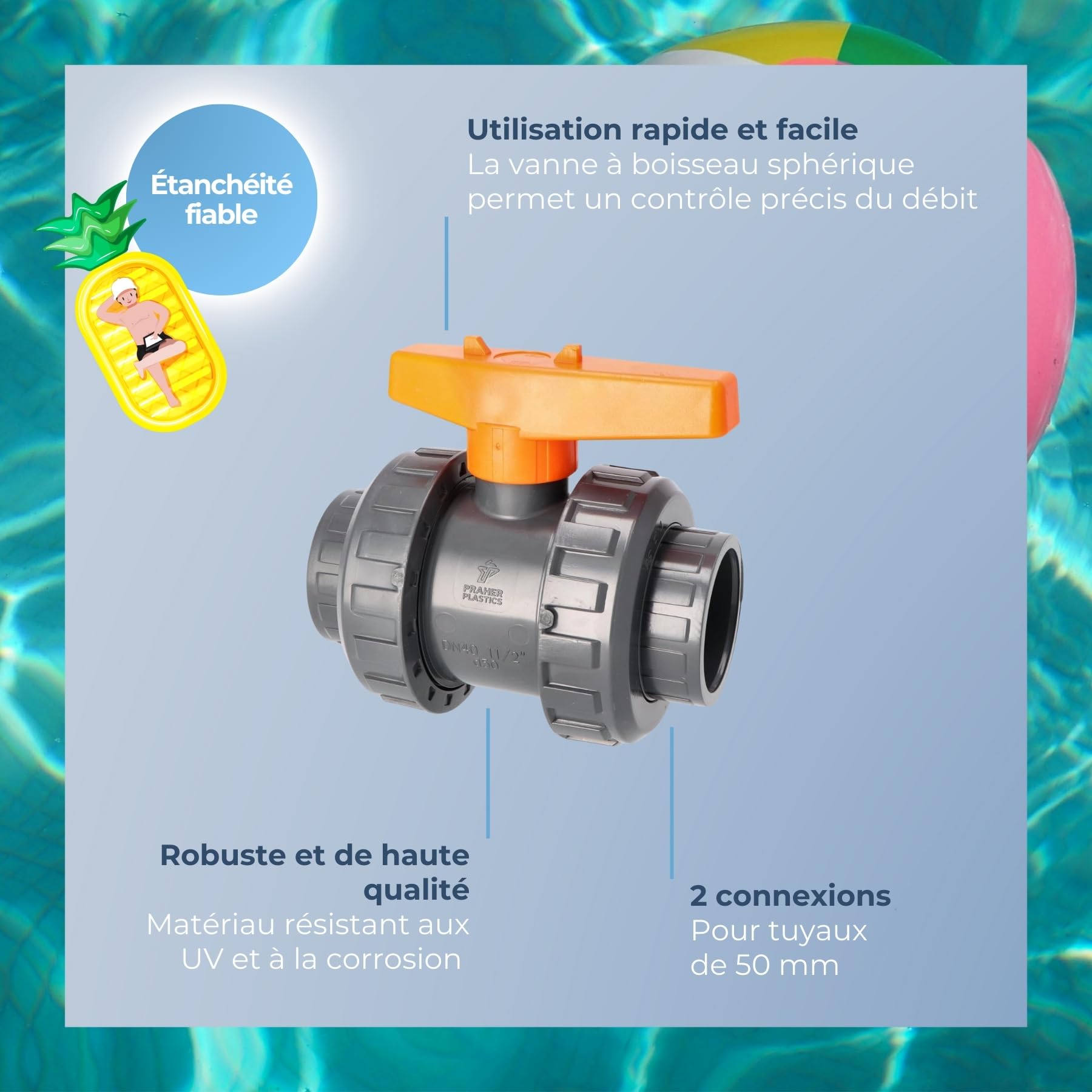 Vanne à bille 2 voies S6 pour piscine avec avec douille à coller métrique 40 mm | Robinet à boisseau sphérique pour tuyaux ou conduites | Robinet d’arrêt en PVC-U à coller