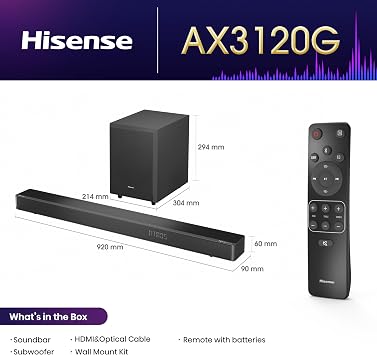 Hisense AX3120G 3.1.2 Channel 360W Dobly Atmos Soundbar with Wireless Subwoofer and Up Firing Speakers