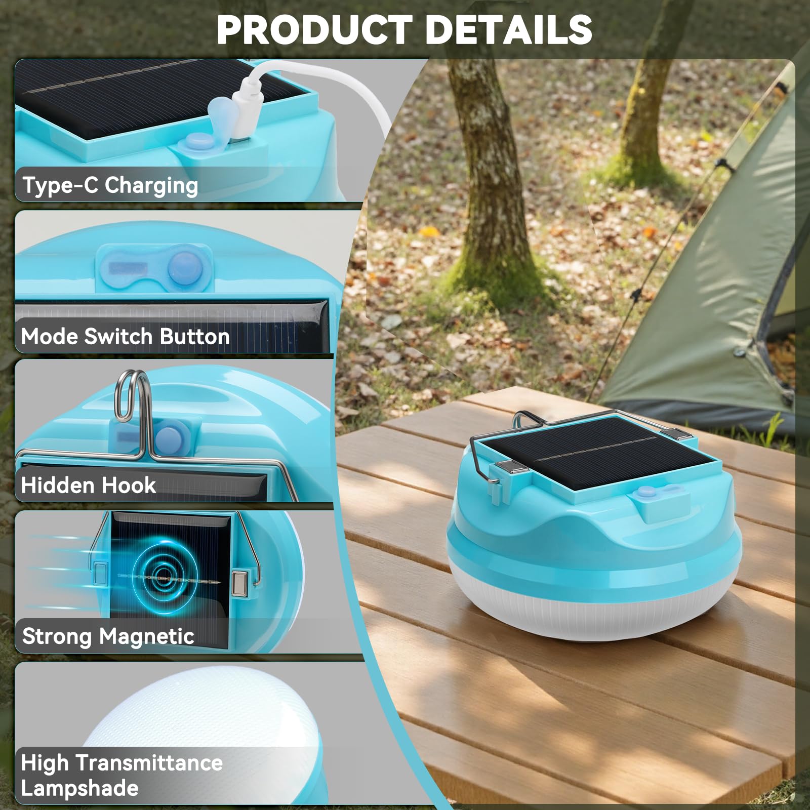 Linterna LED solar para camping, 50 W