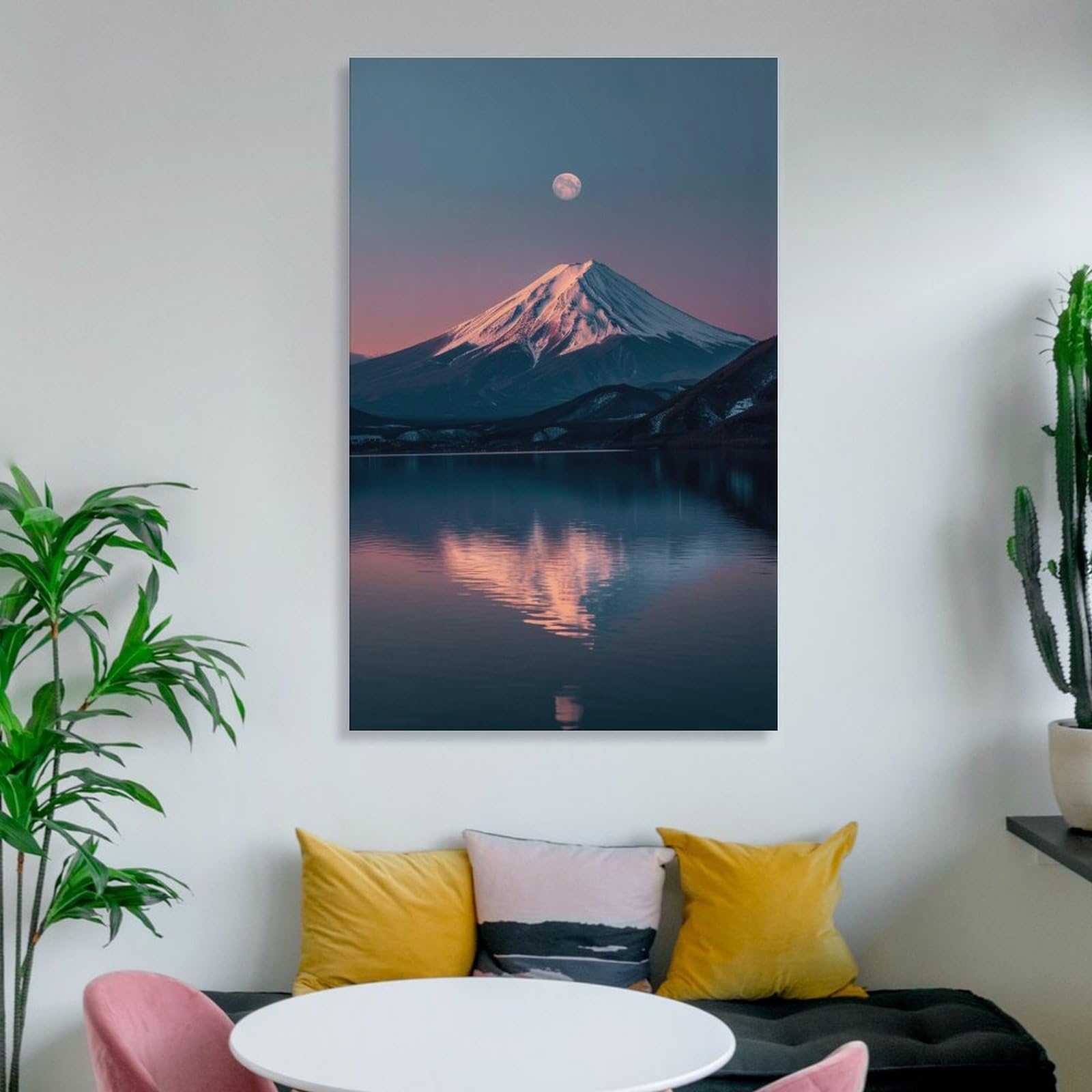 Amazon.co.jp: 絵画 夕暮れ時の湖に映る富士山と月インテリア 絵画