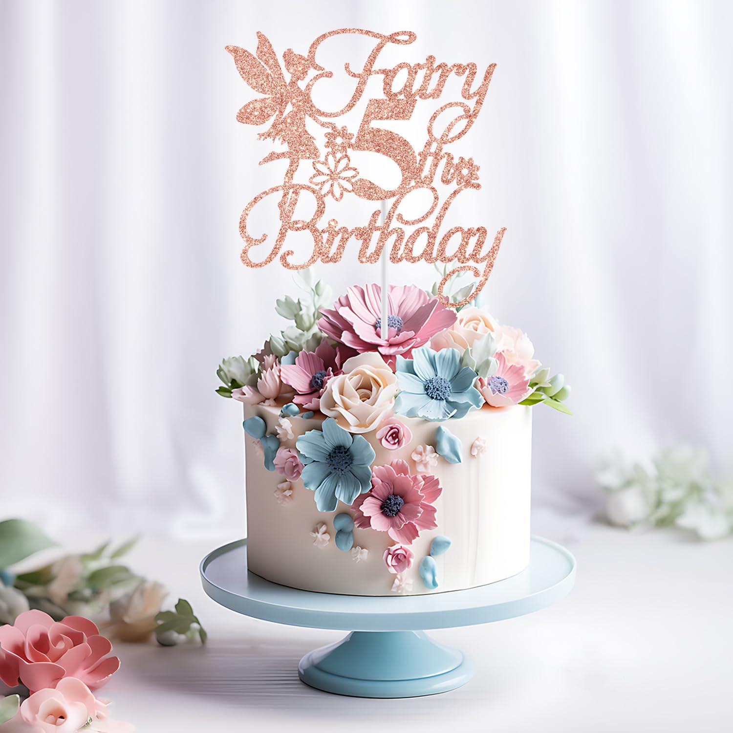 Fairy 5th Birthday Cake Topper, Fairy Happy 5th Birthday Decorations, Girls 5th Birthday Cake Decor, Floral Fairy Birthday Party Decorations, Rose Gold Glitter - Image 3 thumbnail