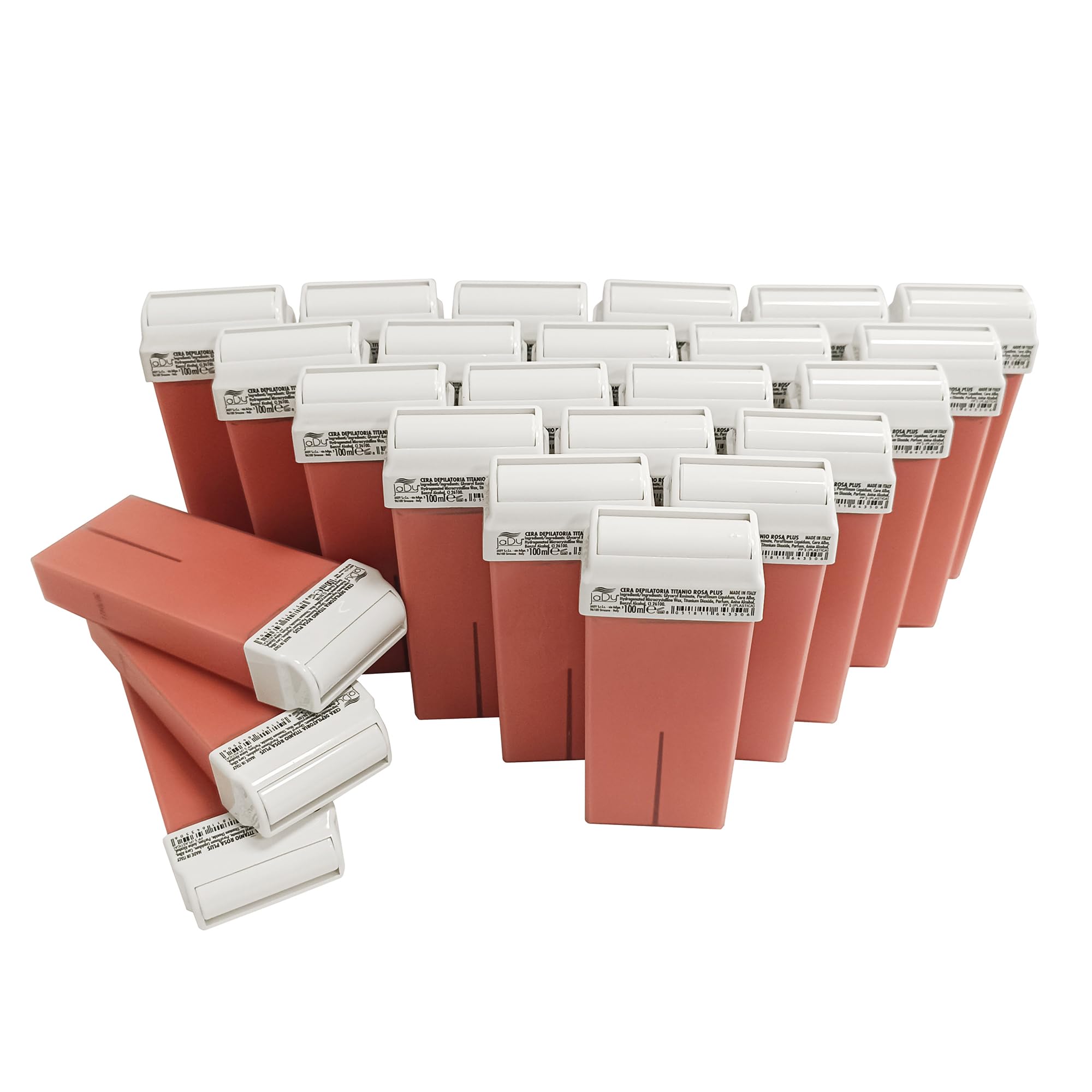 JaDy Cera Depilatoria Roll On Titanio Rosa 100 ml – Pack 24 Cartuchos – Cera Profesional para Depilación con Bandas – Piel Sensible – Uso Estética y Peluquería