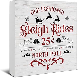 Rustic Christmas Decorations, Sleigh Rides Decor Sign, Christmas Wood Sign Winter Holiday Farmhouse Home Table Desk Decor (5 x 5 Inches)