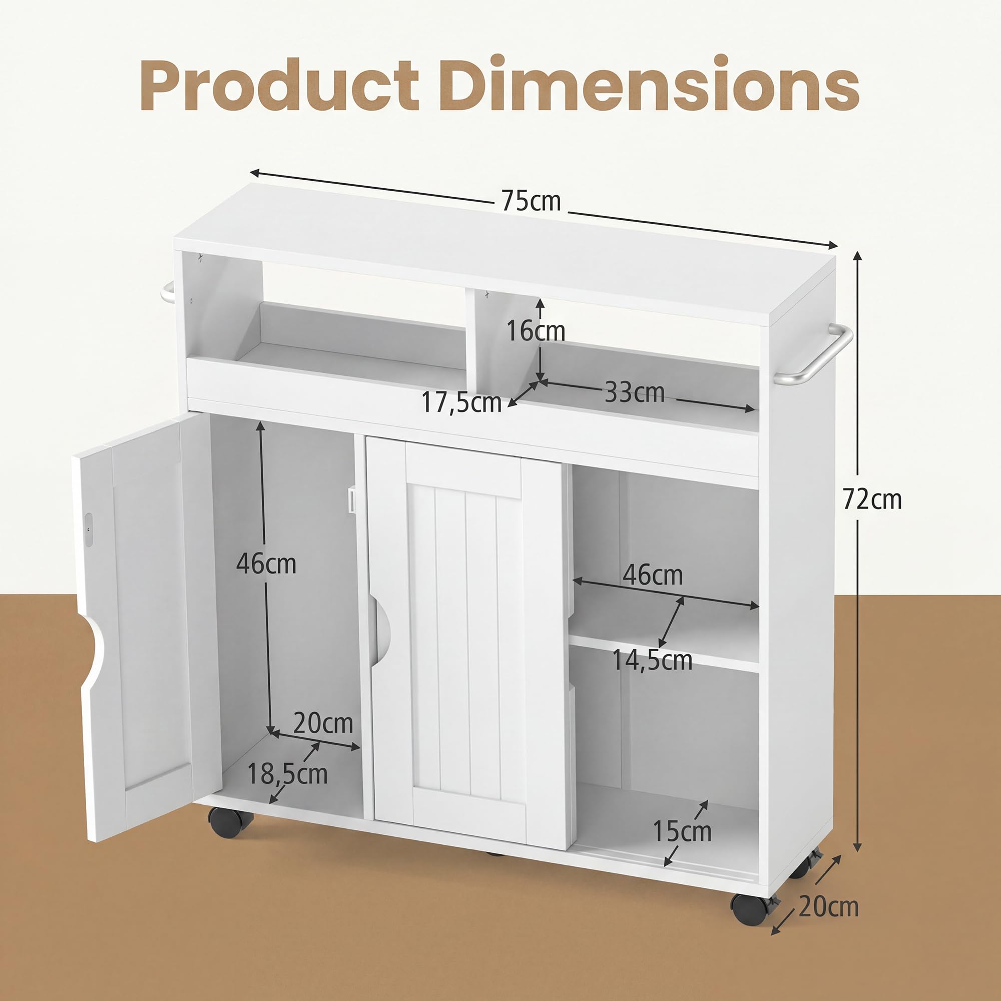 GIANTEX Badezimmerschrank mit Rollen, schmaler Badschrank mit verstellbarem Regal, Schiebetür, offene Fächer & Handtuchhalter, Nischenschrank Aufbewahrungsschrank für Wohnzimmer, Küche, 75x20x72 cm