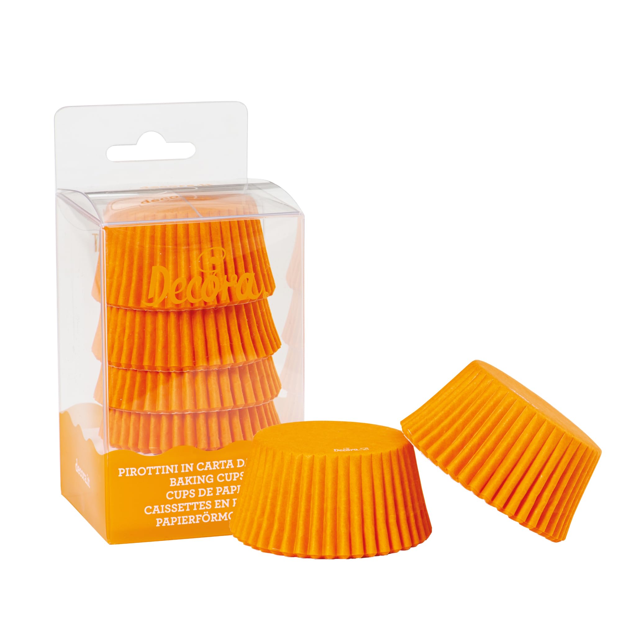 Decora, 0339705 Pirottini Arancio, Comodissimi Pirottini in Carta da Forno, per Cuocere, Presentare e Regalare Muffin, Resistono fino a 220°, In comodo Blister