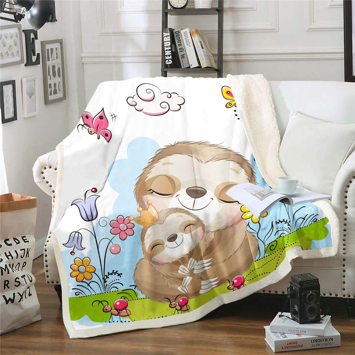 Sloths, coperta in pile per mamme e neonati, coperta Sherpa per bambini e ragazze, con simpatici rami di peluche, coperta per divano letto, letto king size 200 x 220 cm