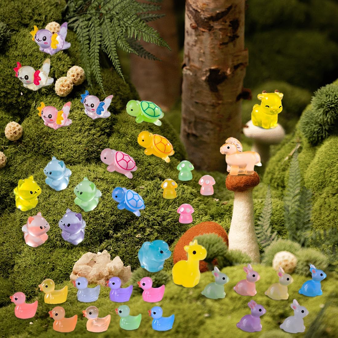 250 Pcs Luminous Mini Resin Animals Tiny Mini Figurines Glow in The Dark Garden Miniatures Animal for Micro Dollhouse Landscape Fairy Garden Decorations