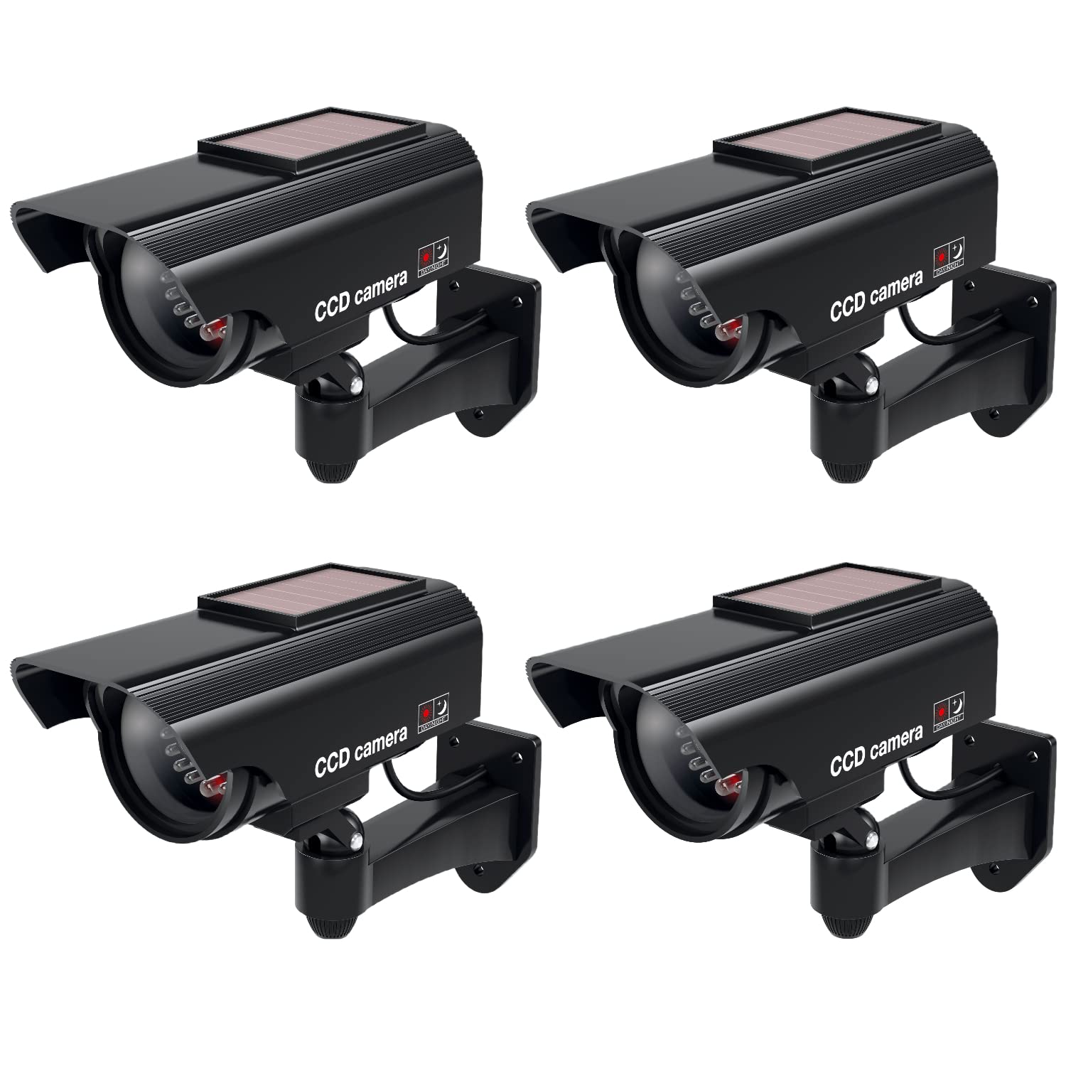 BASI Lot de 4 caméras solaires factices avec lumière LED clignotante - Caméra factice - Caméra de sécurité - Caméra de surveillance pour intérieur et extérieur - Fonctionne à l'énergie solaire -