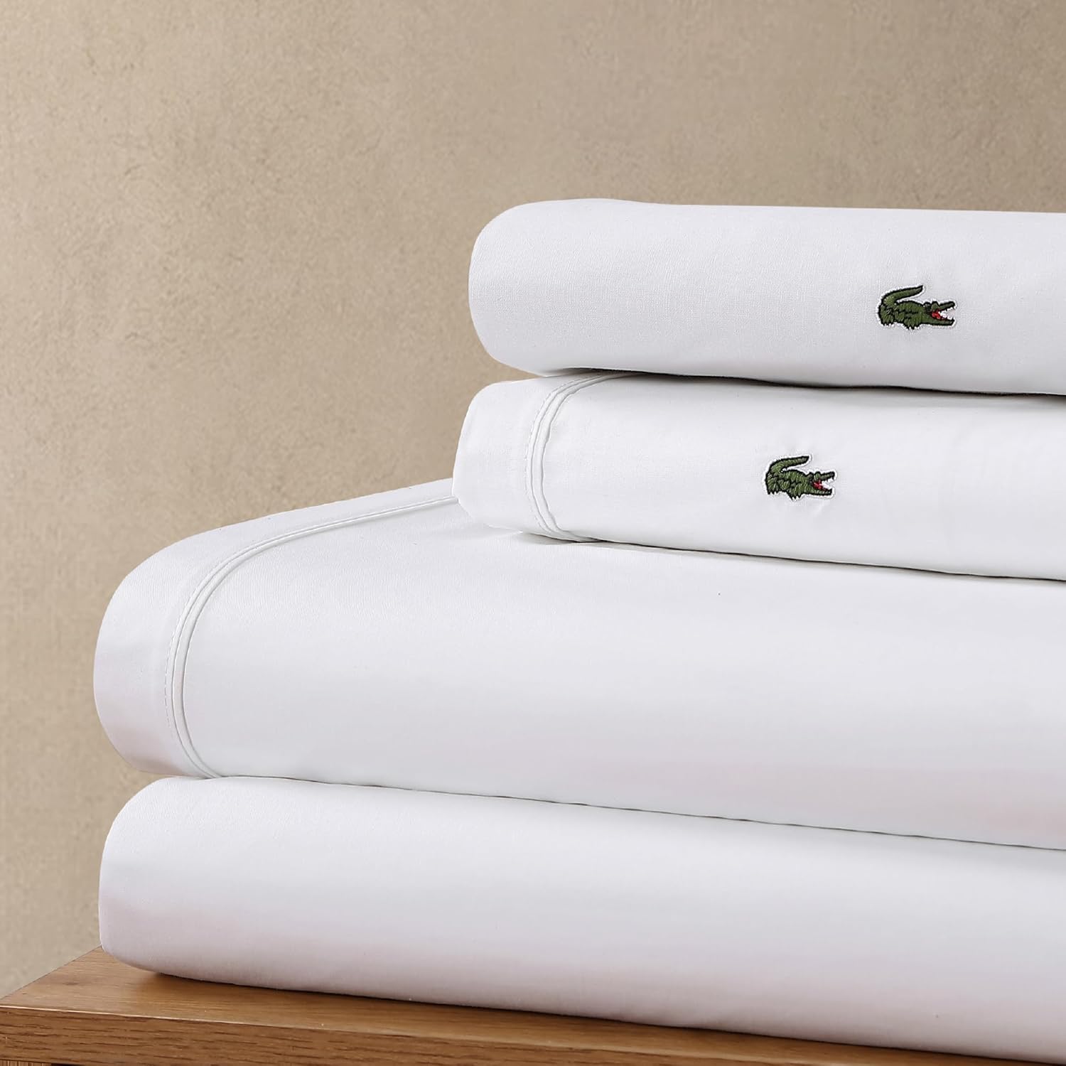 Lacoste 100% Cotton Percale 4-Piece Sheet Set – Crisp Cool Breathable All-Season Bedding, Oeko-Tex Certified, Soft Matte Finish, Durable Premium Cotton – Solid, White, California King