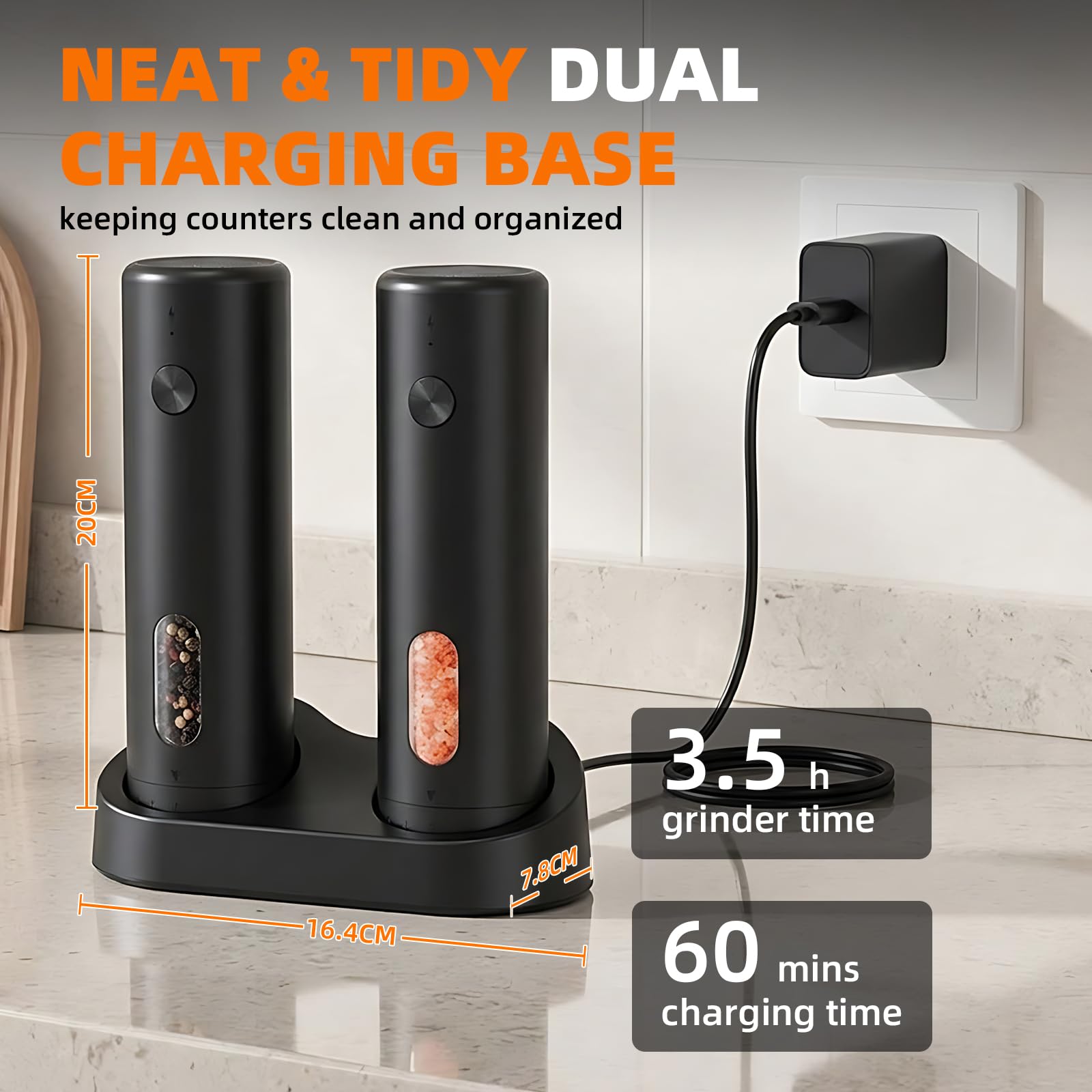 Molinillo Pimienta Eléctrico Set con Estación de Carga, Saleros de Cocina, Capacidad de 110ml, Molinillo de Sal Recargable con 5 Niveles de Ajuste, Molinillo de Cerámica con Cepillo