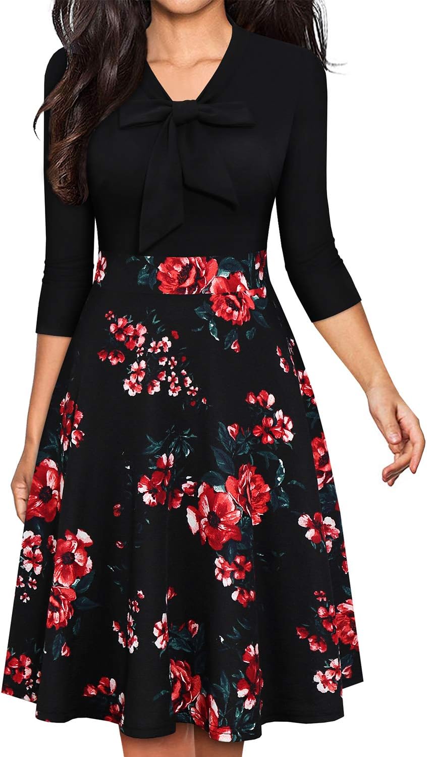YATHON Women's Elegant Bow Tie Swing Casual Party Dresses