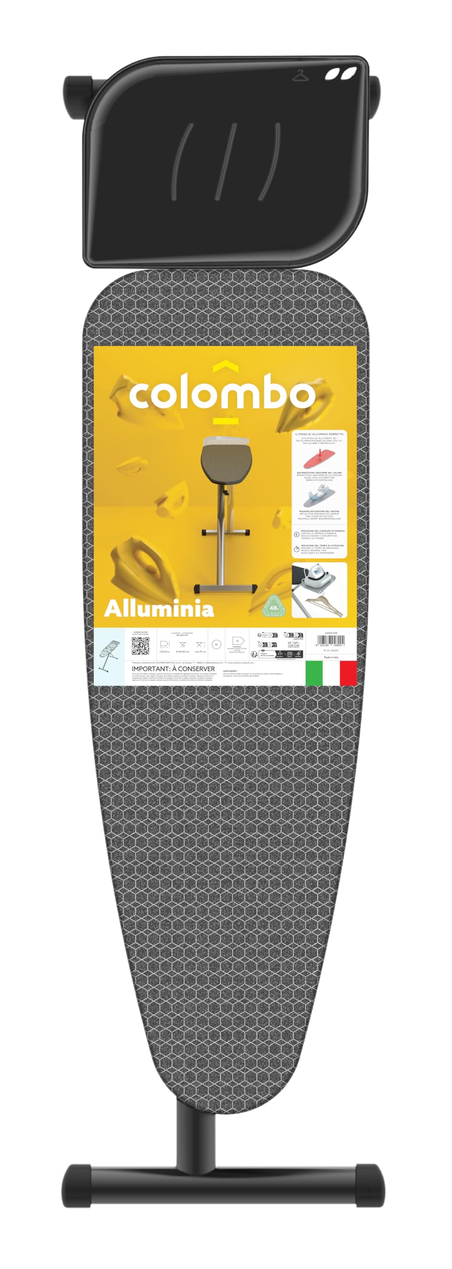 Colombo Asse da Stiro ALLUMINIA XL 125x42 cm, in Alluminio Leggero e Stabile, Regolabile in Altezza, Porta Caldaia Professionale fino a 10kg con Porta Grucce, Pieghevole, Copriasse 100% Cotone Bio