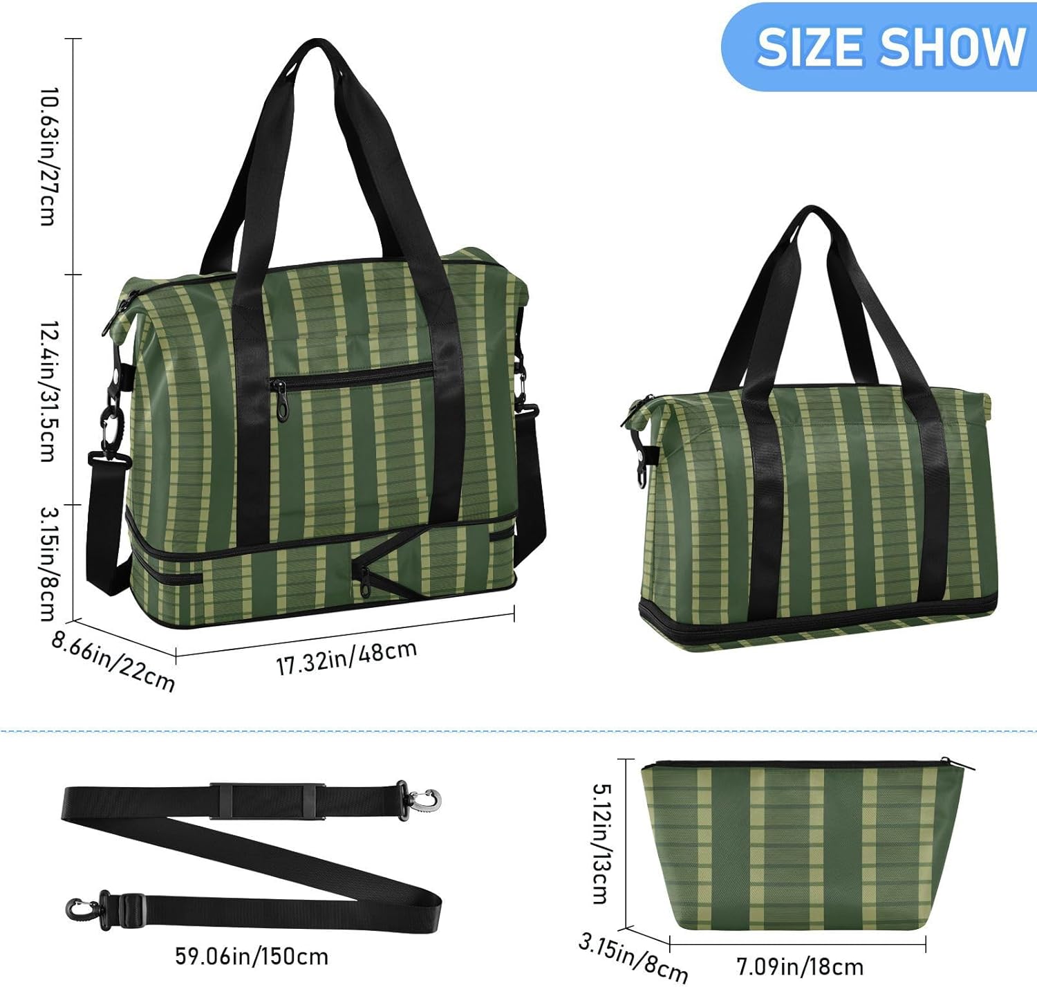 Dark Green Abstract Striped 2 Pcs Set Travel Tote Bag Gym Sports Carry with Toiletry Bag for Business Trips