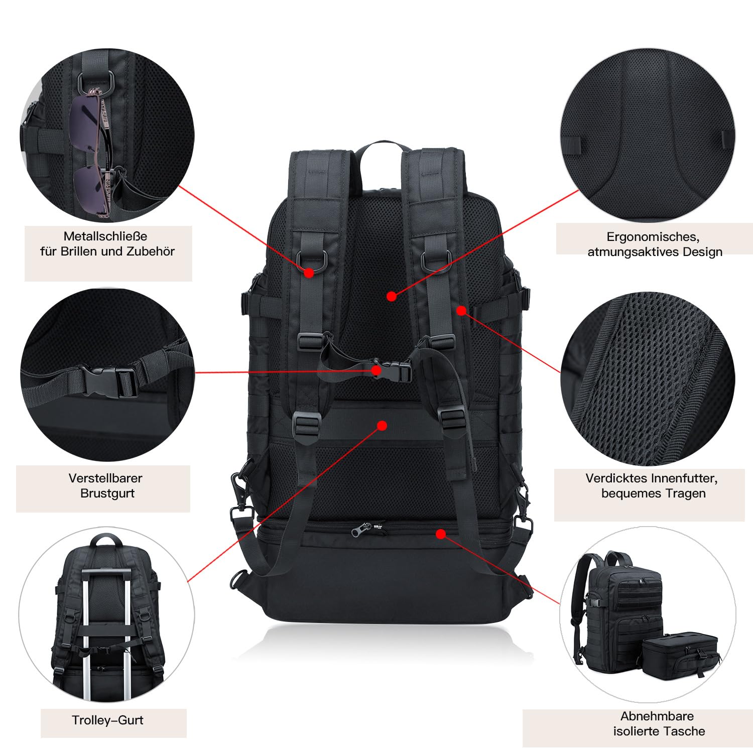 BERTASCHE Plecak na lunch dla mężczyzn, plecak na laptopa z izolowanym pudełkiem chłodzącym, torba robocza do biura, podróży, uni, wędrówek, taktyczny, Molle, czarny