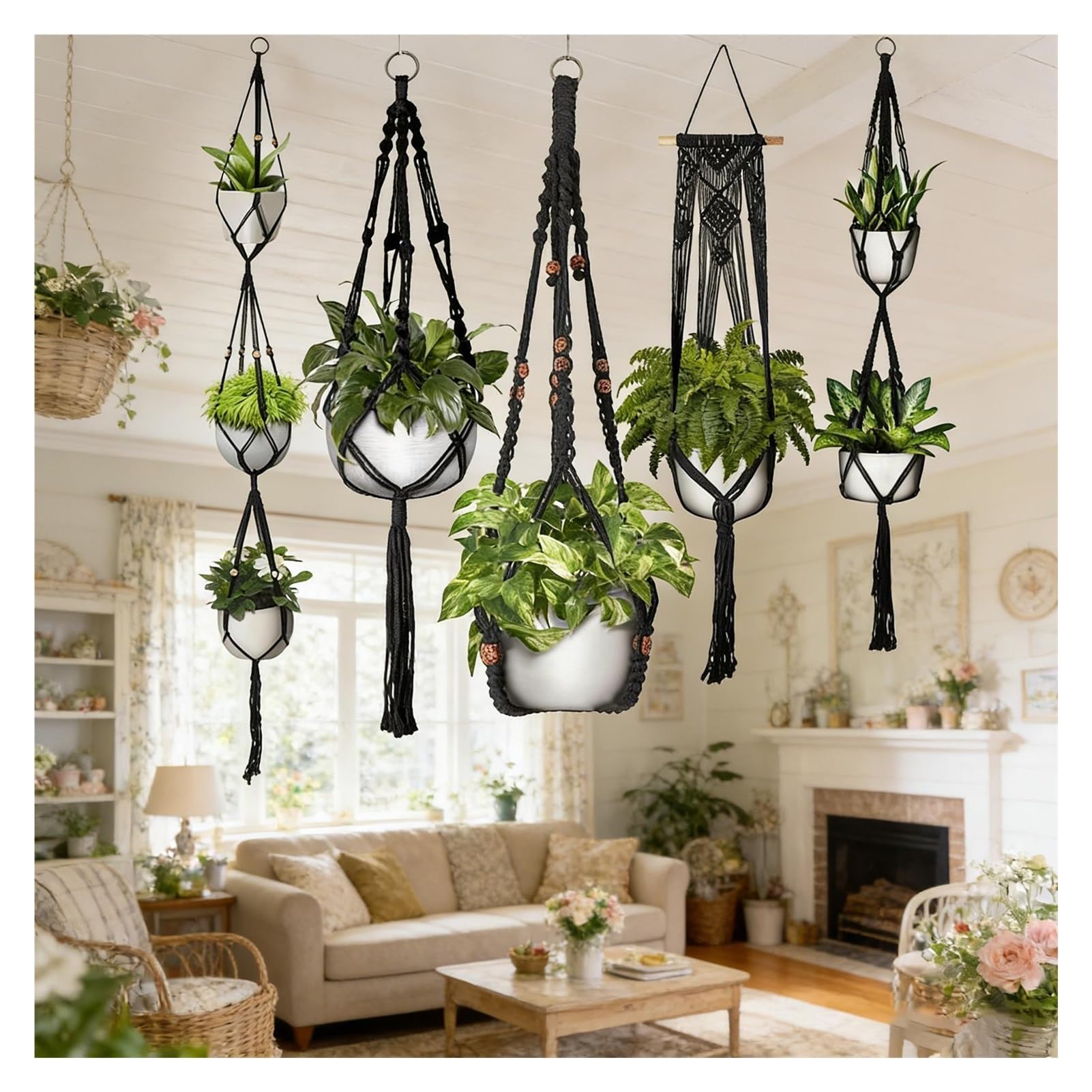 Lot de 5 suspensions en macramé pour plantes grasses, pothos, décoration de plafond (noir sans pot)