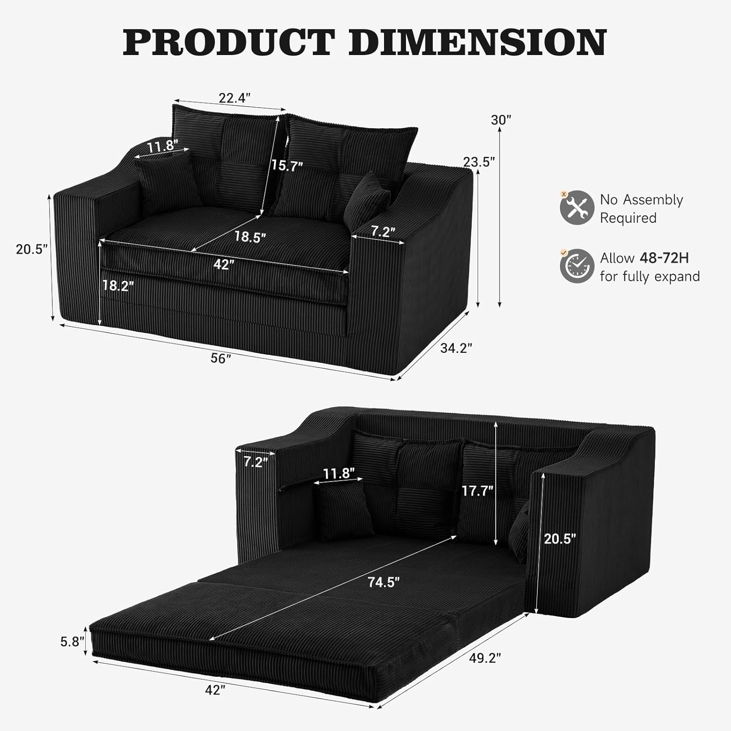 Apicizon 56" Convertible Tri-fold Sofa Bed, 2 in 1 Boneless Loveseat Sofa Couch with 4 Pillows, Pull Out Couch for Living Room Apartment, No Assembly Required, Corduroy Black