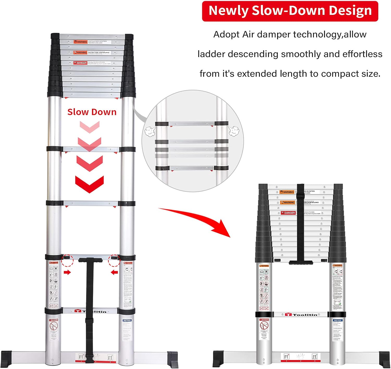 TOOLITIN Telescoping Ladder with Stabilizer Bar,15.5 FT One Button Retraction Telescopic Extension Aluminum Ladder,Soft Close Design Ladder for Household Daily or RV Work,330 Pound Capacity : Everything Else