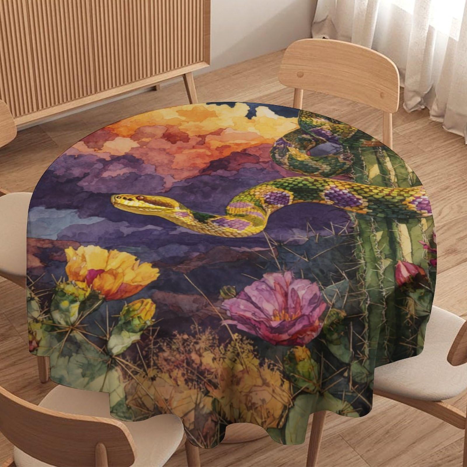 LUYYSKY Rustic Classic Animals Snake Round Tablecloth Beautiful Western Desert Plants Flowers Cactus Wildlife Snake Washable Decor for Table Cover for Kitchen-91.4" Wx91.4 L cm